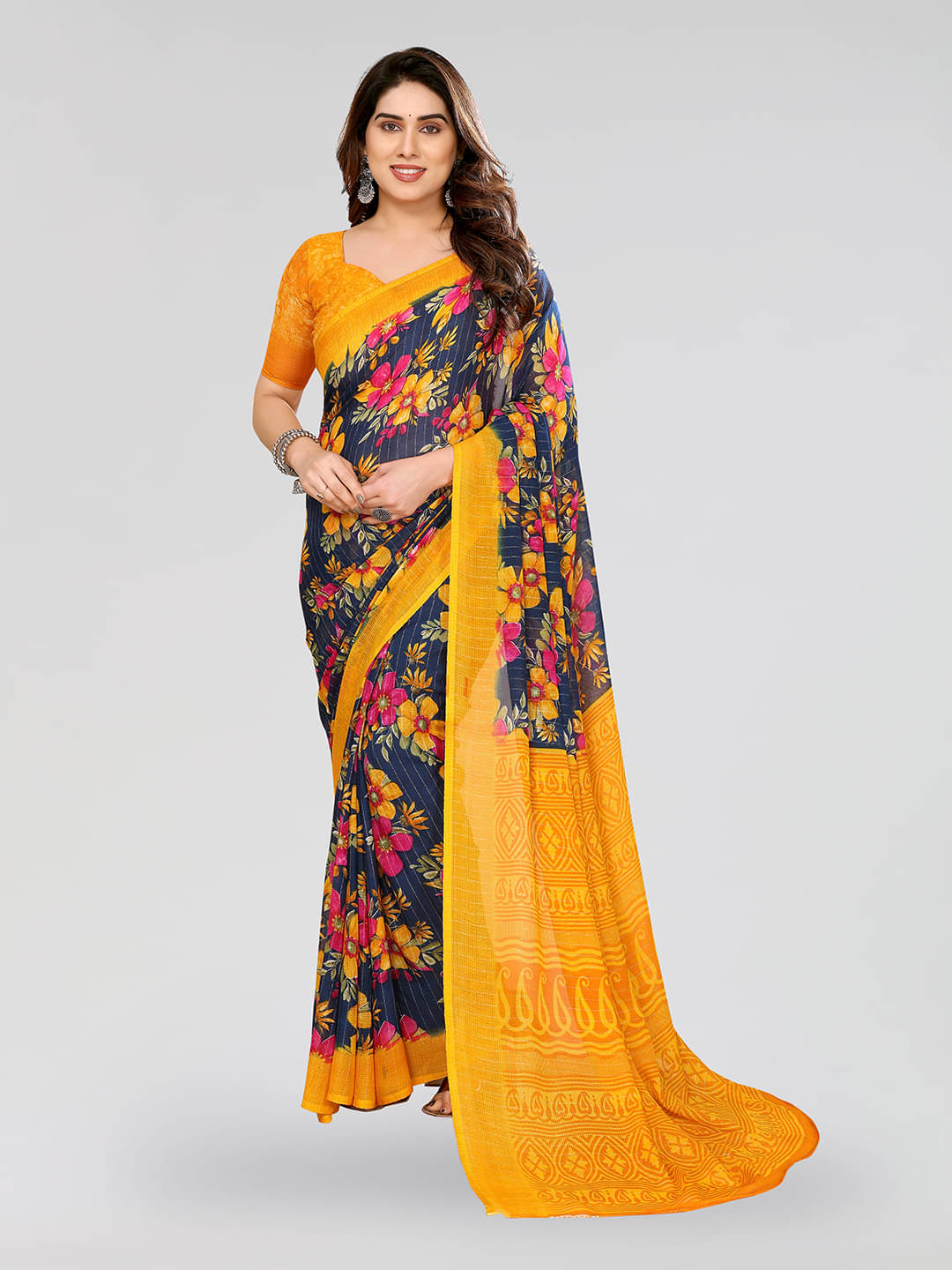 Kashvi Sarees Georgette Printed Kasavu Saree With Unstitched Blouse Piece ( YELLOW ) Kashvi Sarees Georgette Printed Kasavu Saree With Unstitched Blouse Piece ( YELLOW )