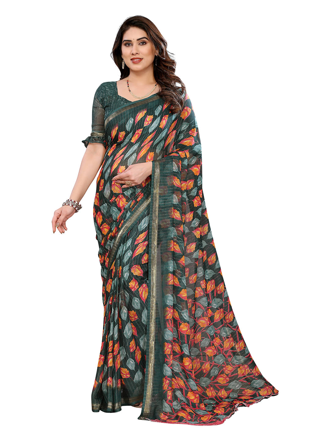     			Kashvi Sarees Georgette Printed Kasavu Saree With Unstitched Blouse Piece ( GREEN )