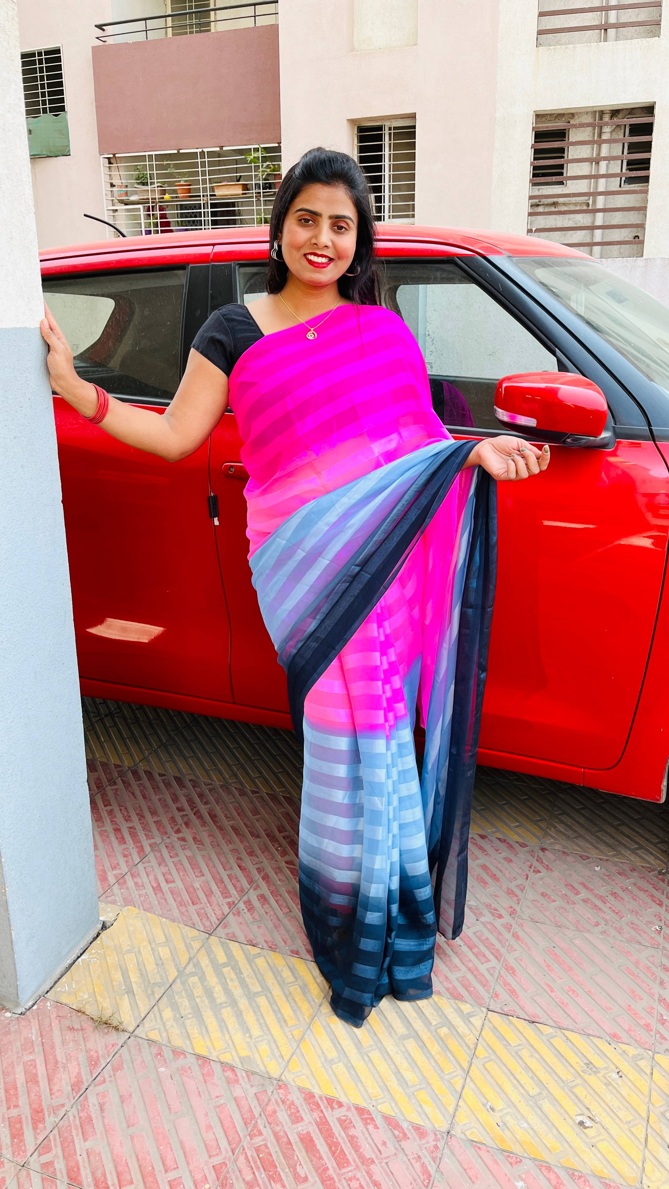     			Kashvi Sarees Georgette Striped Ilkal Saree With Unstitched Blouse Piece ( BLACK )