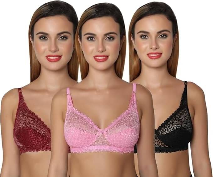     			Kiran Enterprises Pack of 3 Net Non Padded Everyday Bra For Women ( Black,Maroon,Pink )