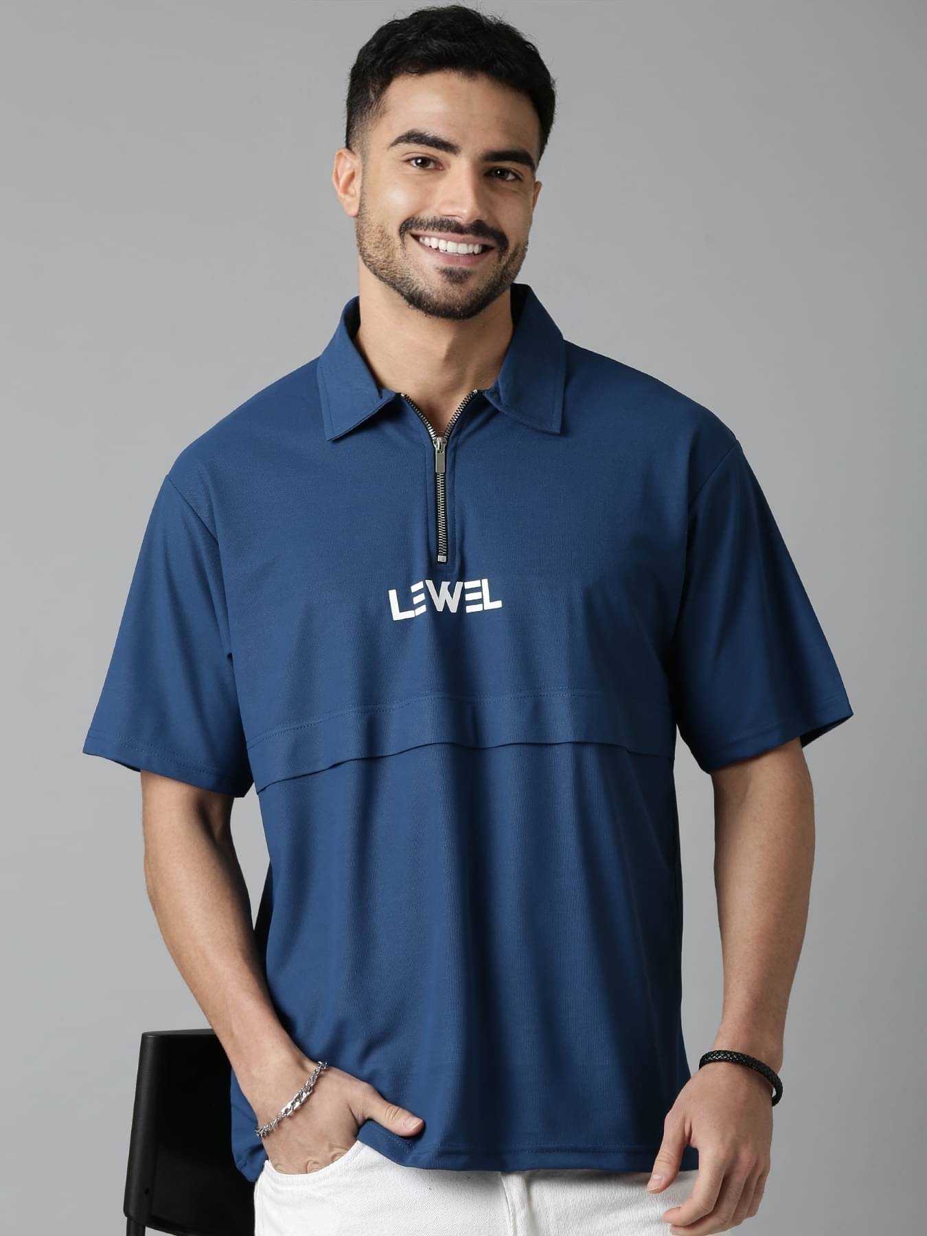 LEWEL Men Polyester Oversized Fit Printed Polo T Shirt ( Blue ) LEWEL Men Polyester Oversized Fit Printed Polo T Shirt ( Blue )