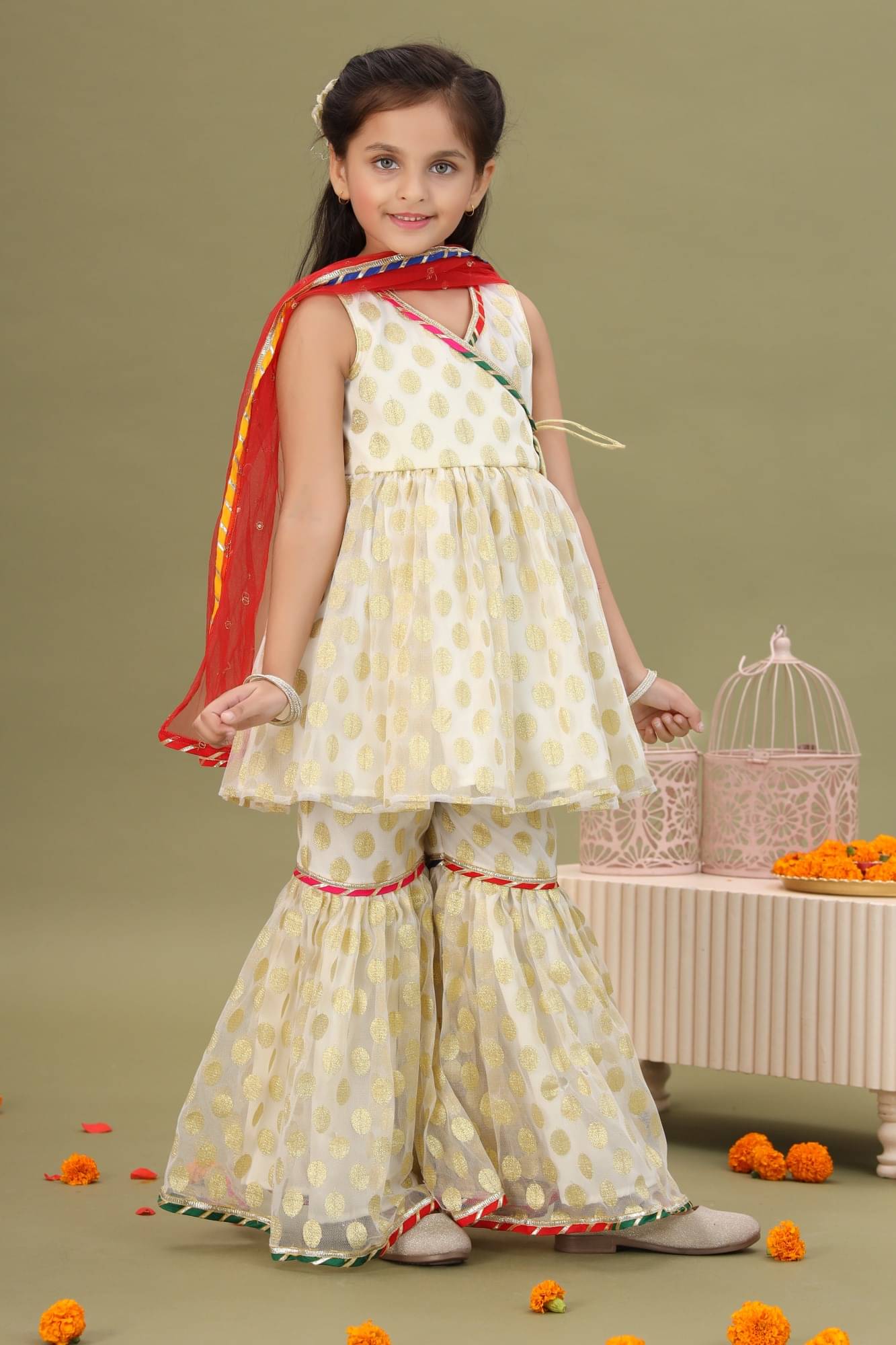     			MASTARANG Girls Net Kurti with Sharara ( Pack of 1 , Off White )
