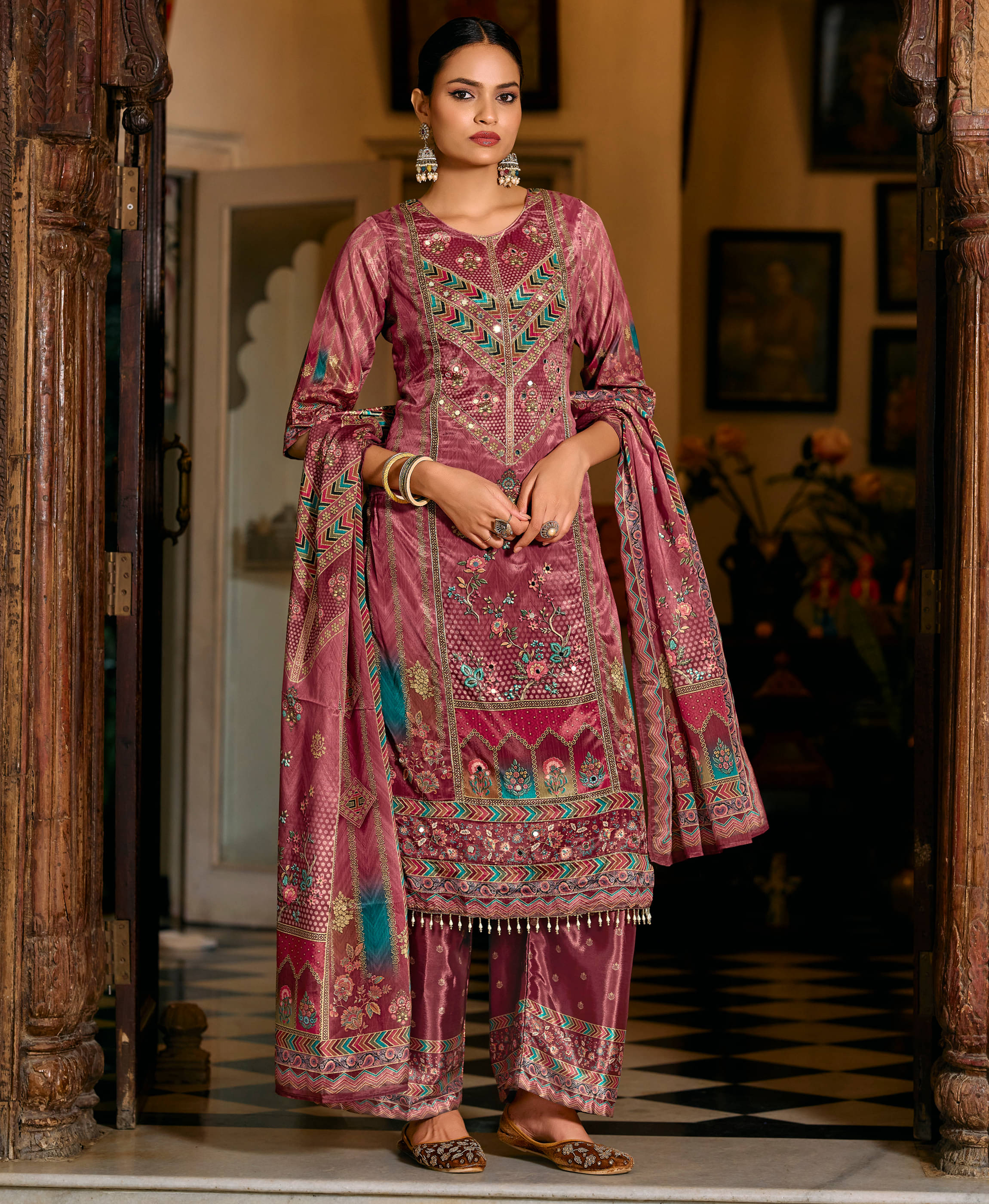     			MOJILAA Women Chiffon Printed Straight Kurti With Palazzo ( Wine )