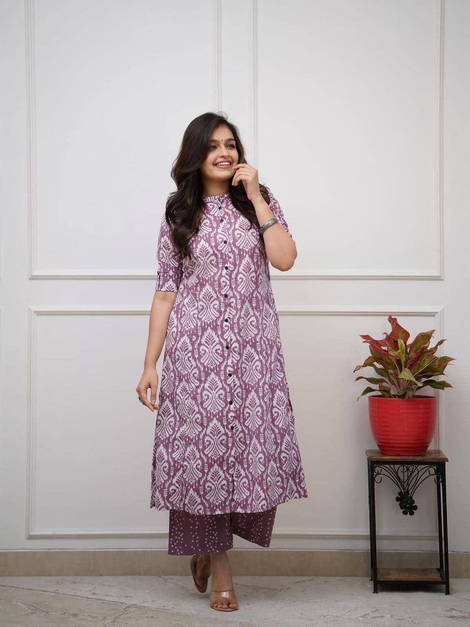 Mahek Fashion Women Cotton Blend Printed A-line Kurti With Palazzo ( Purple )