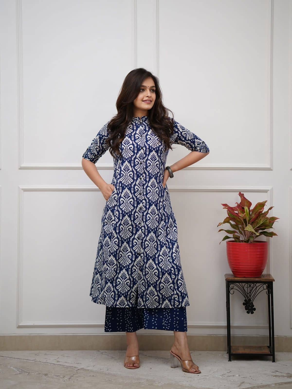 Mahek Fashion Women Cotton Blend Printed A-line Kurti With Palazzo ( Navy Blue )