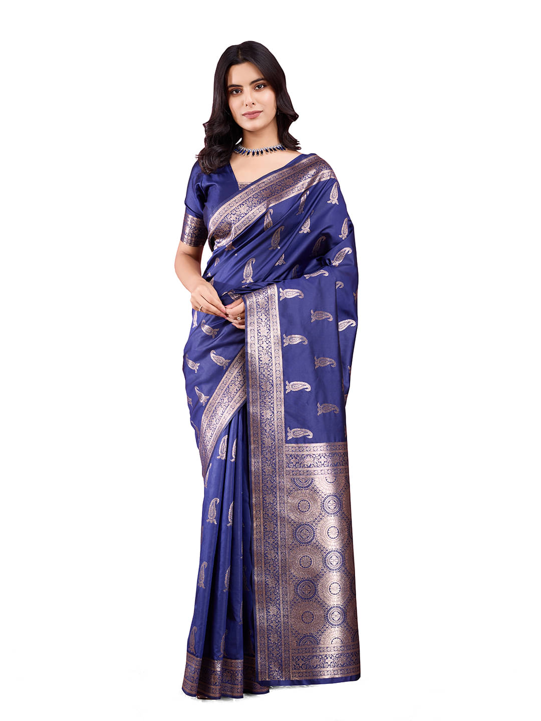     			Nil Madhav Art Art Silk Embellished Banarasi saree With Unstitched Blouse Piece ( Navy Blue )