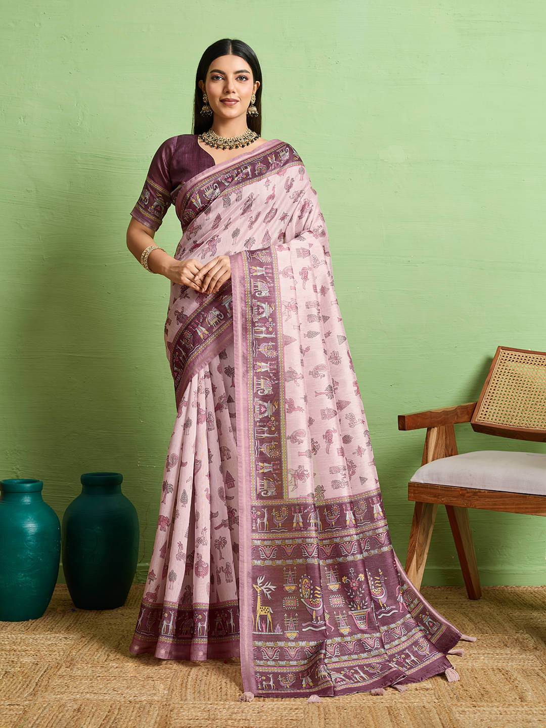     			Nil Madhav Art Cotton Printed Banarasi saree With Unstitched Blouse Piece ( Fluorescent Pink )