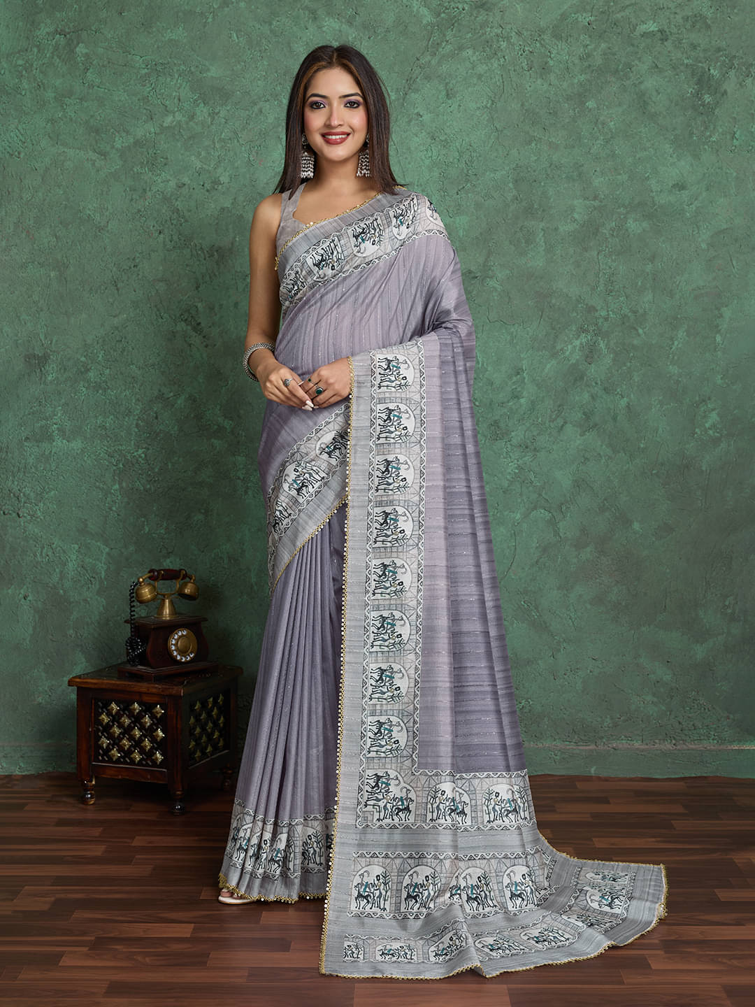Nil Madhav Art Silk Applique Regular Saree With Unstitched Blouse Piece ( Grey ) Nil Madhav Art Silk Applique Regular Saree With Unstitched Blouse Piece ( Grey )