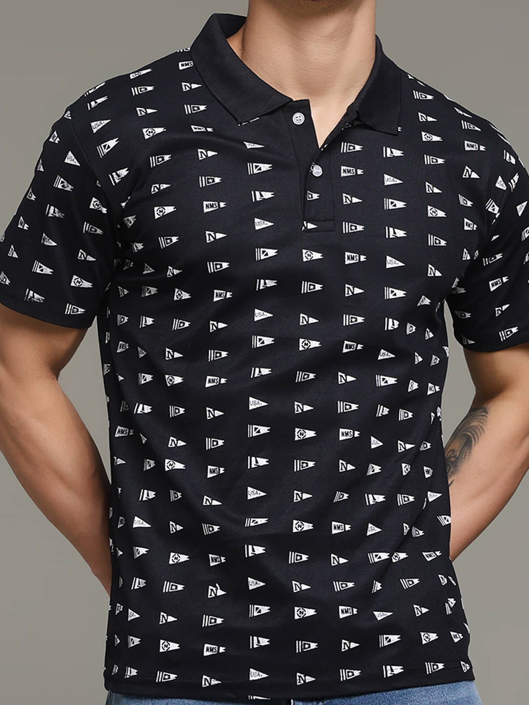     			Nins Moda Men Cotton Blend Regular Fit Printed Polo T Shirt ( Black )