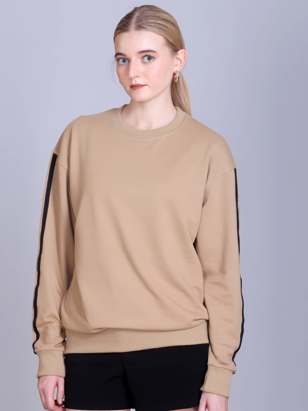     			OBAAN Cotton Blend Women's Non Zippered Sweatshirt ( Beige )
