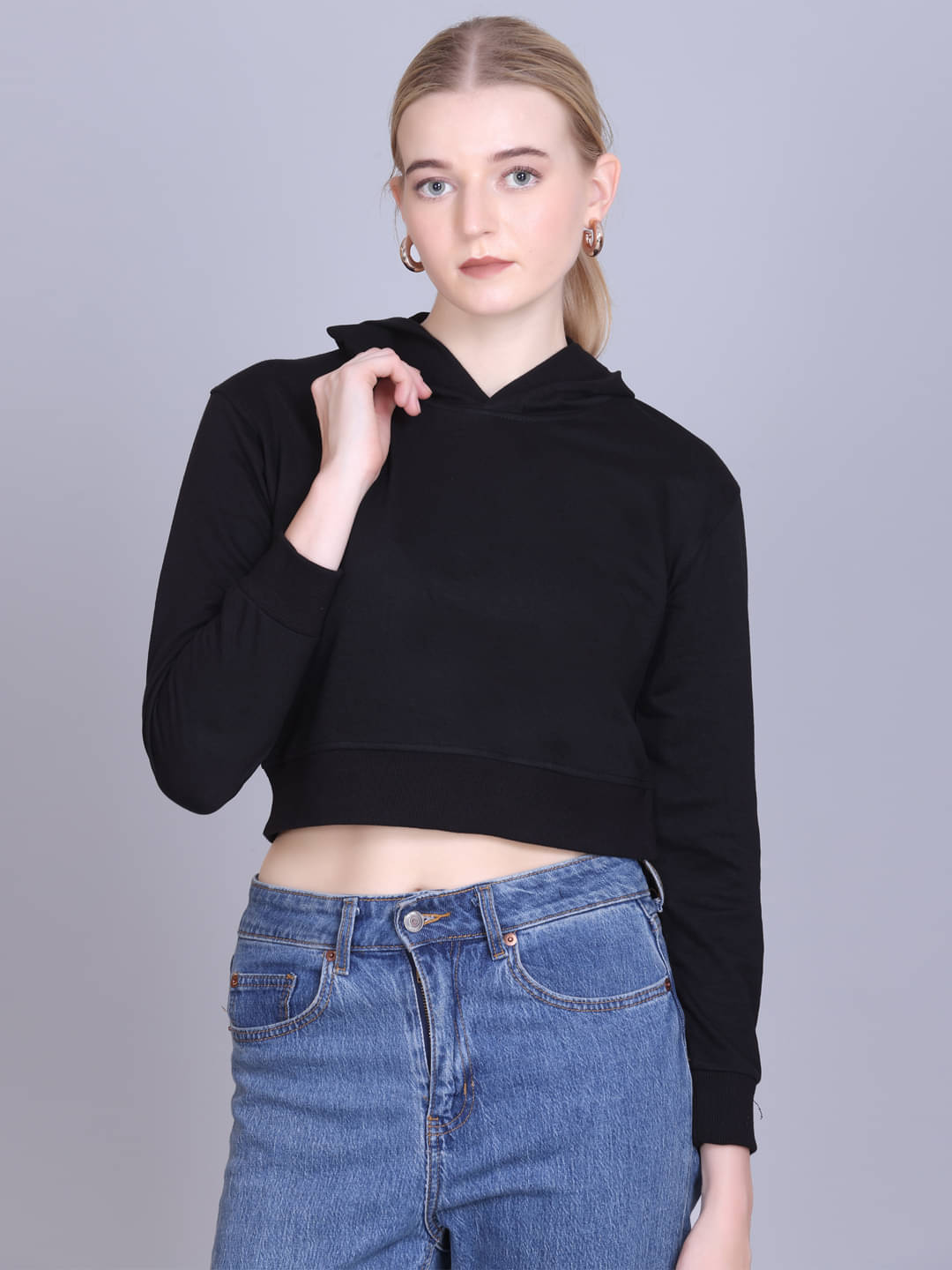    			OBAAN Cotton Blend Women's Non Zippered Sweatshirt ( Black )
