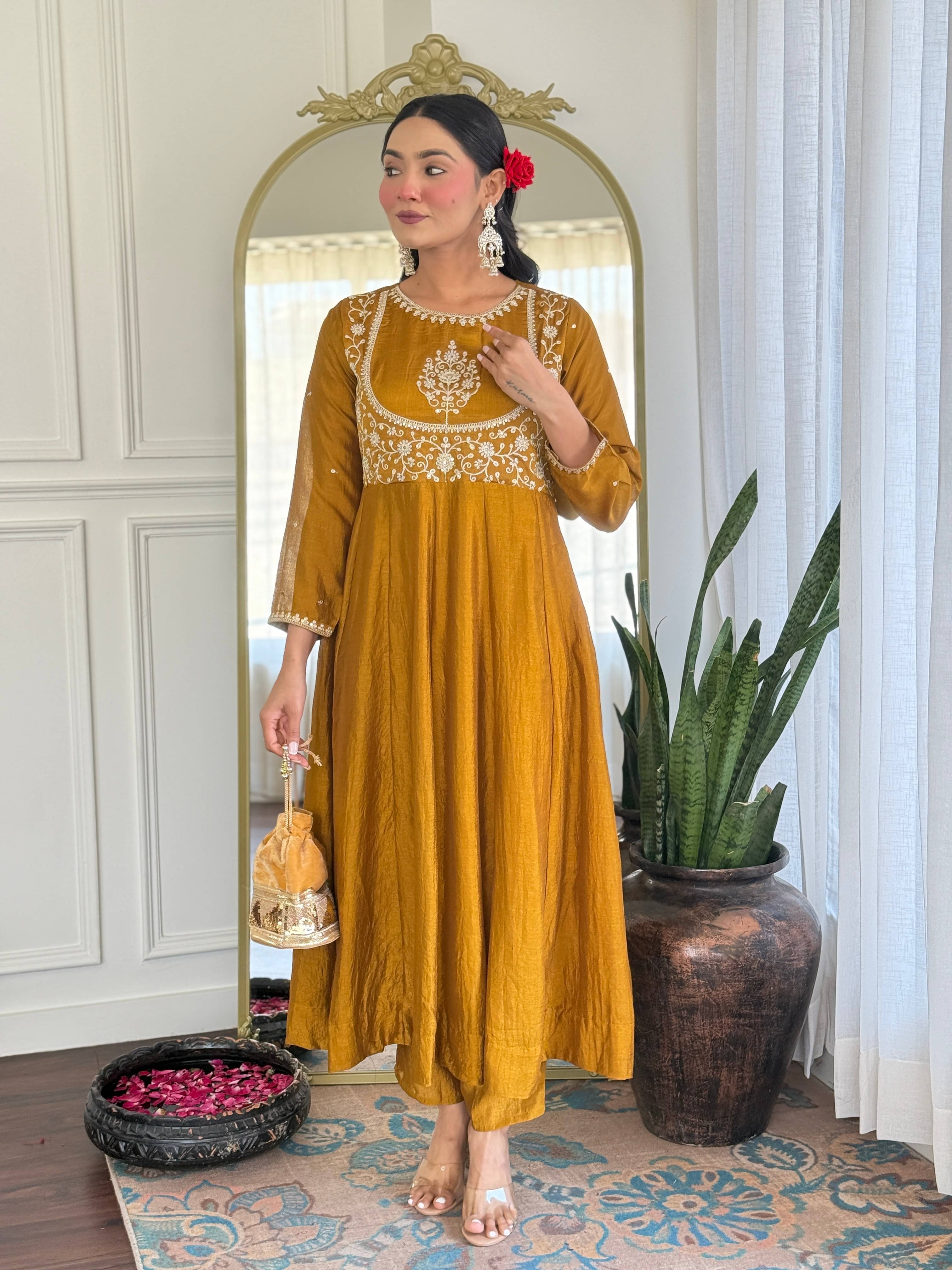     			OMICRON FAB Women Chanderi Embroidered Anarkali Kurti With Palazzo ( Mustard )