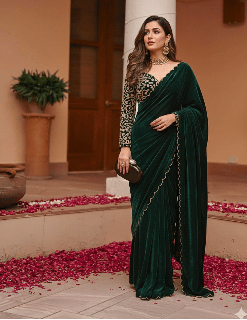PALKAANO Velvet Embroidered Regular Saree With Unstitched Blouse Piece ( Green ) PALKAANO Velvet Embroidered Regular Saree With Unstitched Blouse Piece ( Green )