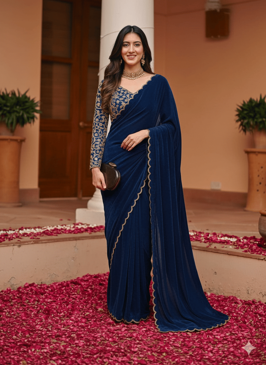     			PALKAANO Velvet Embroidered Regular Saree With Unstitched Blouse Piece ( Rama )