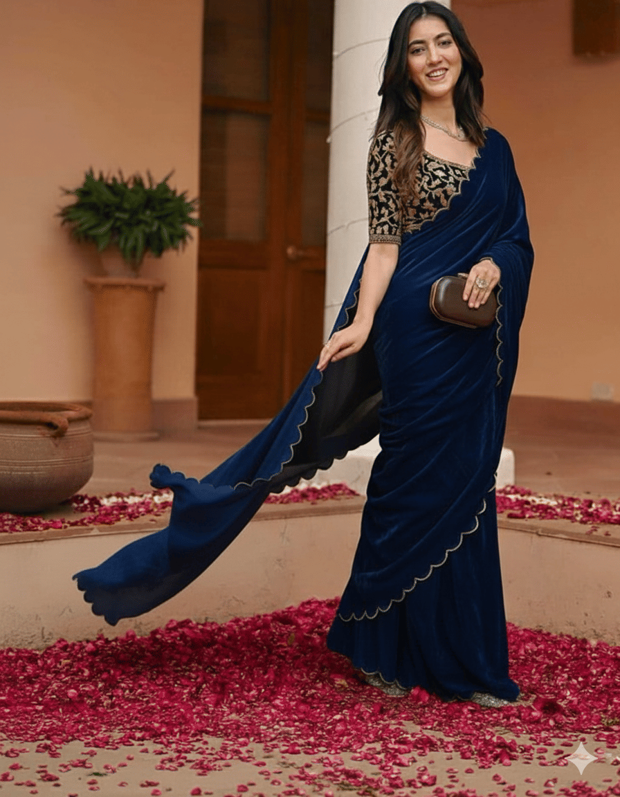     			PALKAANO Velvet Embroidered Regular Saree With Unstitched Blouse Piece ( Navy Blue )