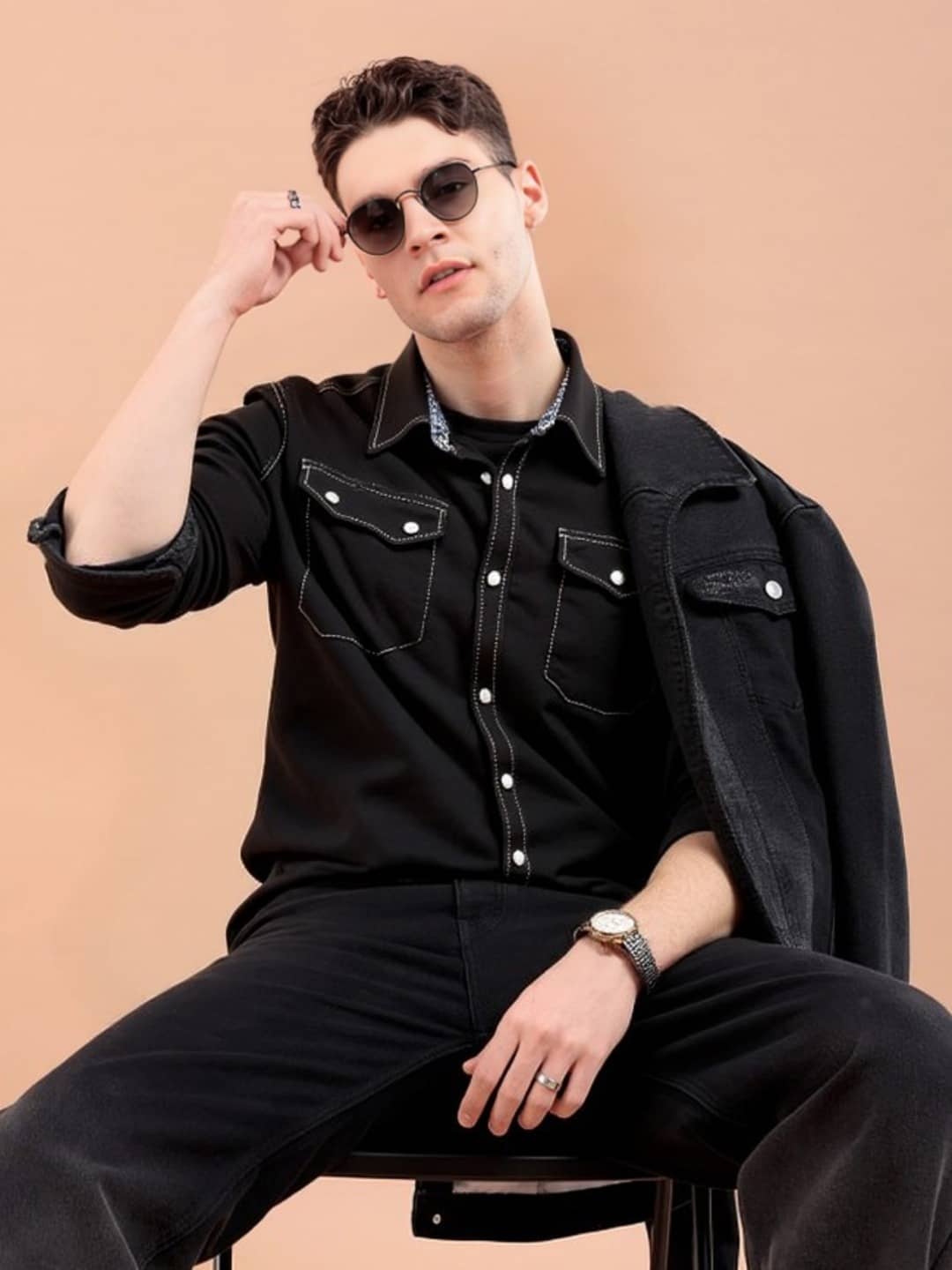 PLUS PARADISE Denim Regular Fit Solids Full Sleeves Men's Casual Shirt - Black ( Pack of 1 )