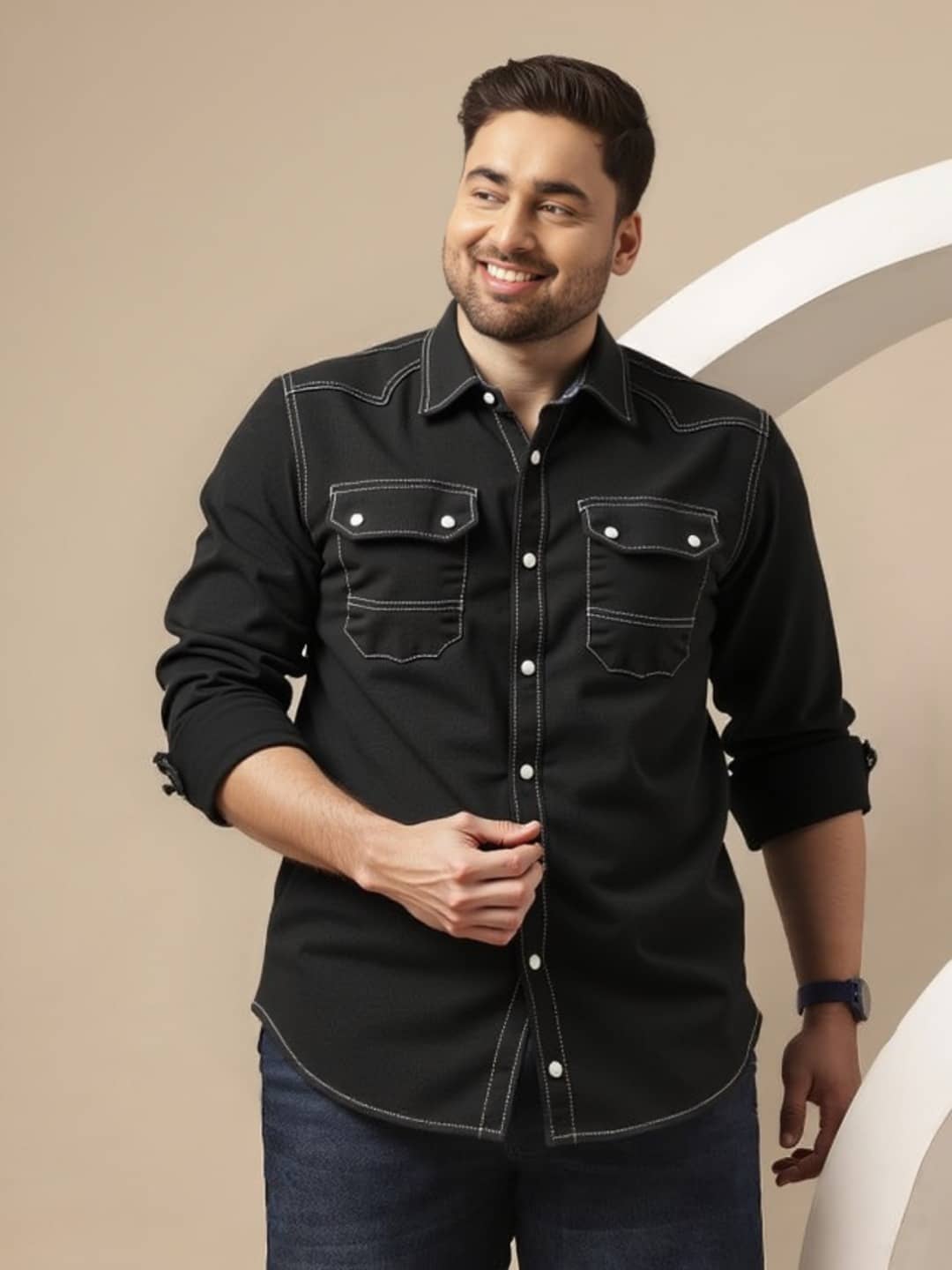 PLUS PARADISE Denim Regular Fit Solids Full Sleeves Men's Casual Shirt - Black ( Pack of 1 )