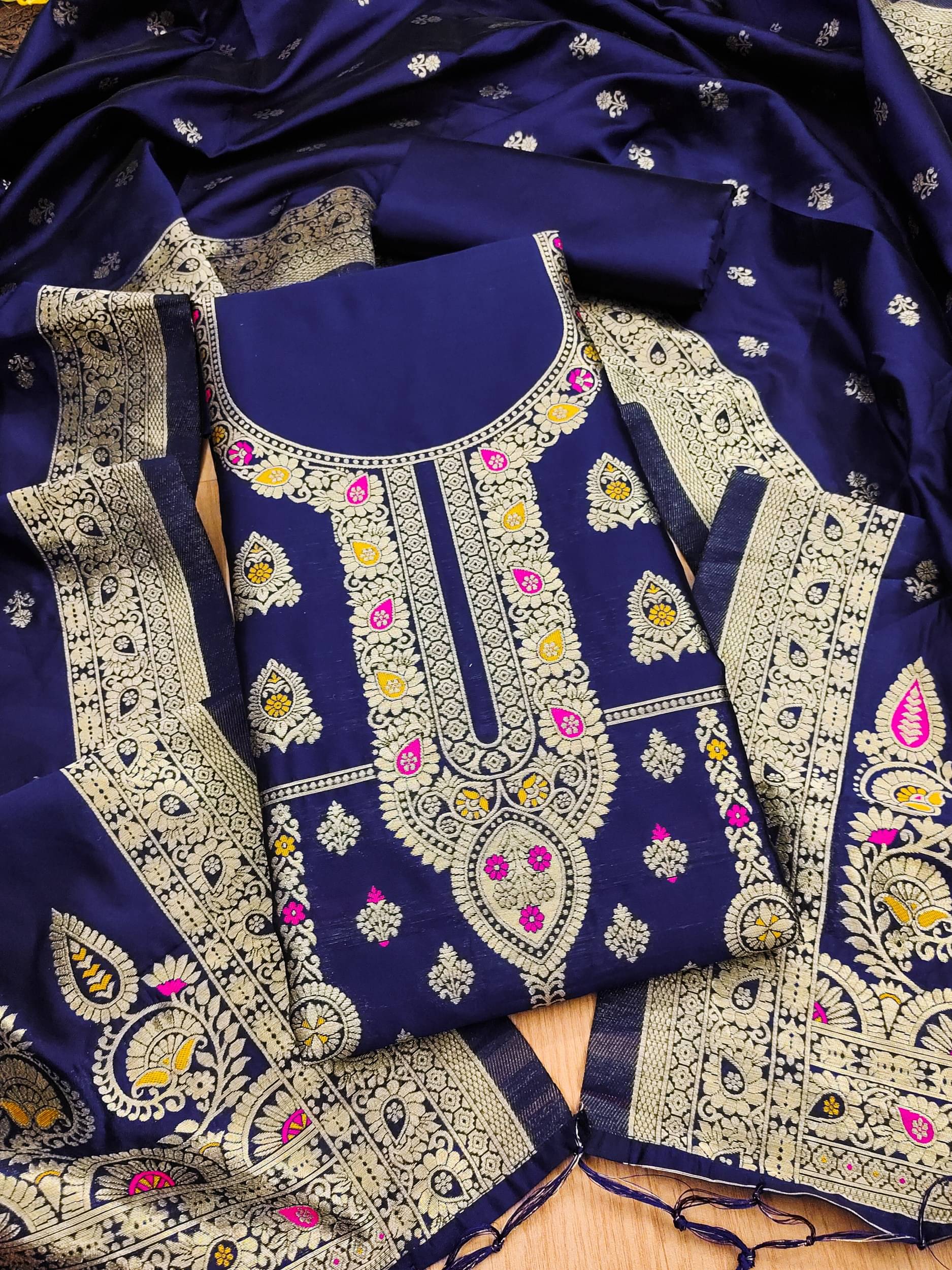     			Rangtulika Ethnics Women Banarasi Unstitched Dress Material ( Blue )