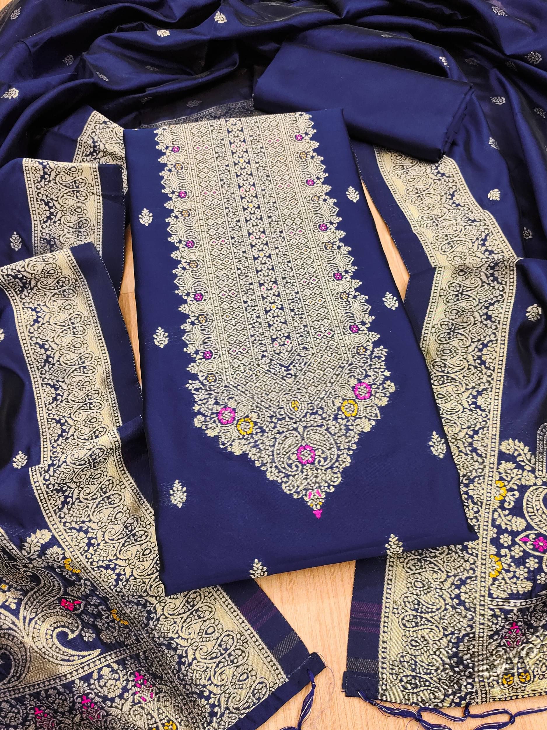     			Rangtulika Ethnics Women Banarasi Unstitched Dress Material ( Blue )