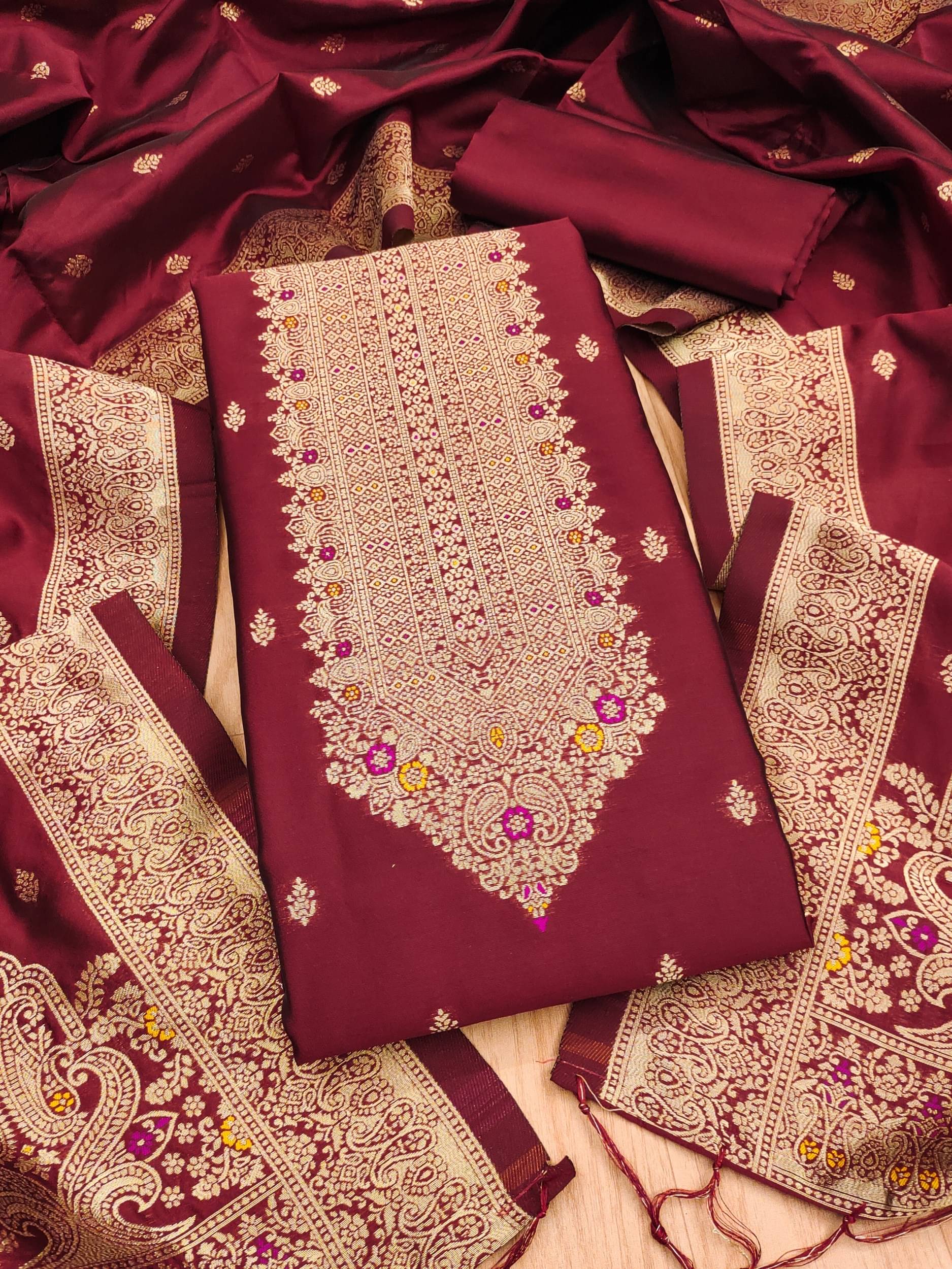 Rangtulika Ethnics Women Banarasi Unstitched Dress Material ( Maroon )     			Rangtulika Ethnics Women Banarasi Unstitched Dress Material ( Maroon )