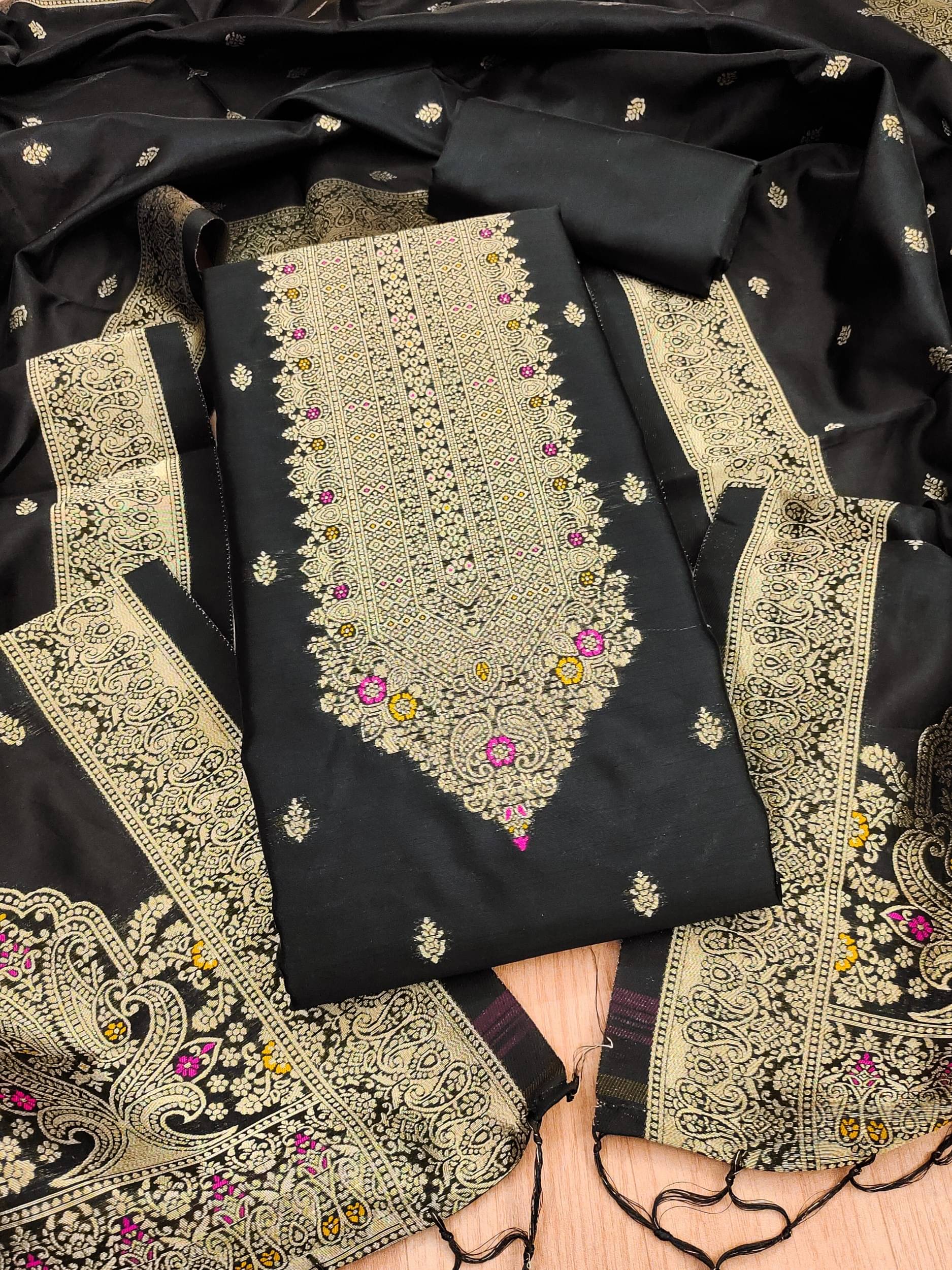 Rangtulika Ethnics Women Banarasi Unstitched Dress Material ( Black )     			Rangtulika Ethnics Women Banarasi Unstitched Dress Material ( Black )
