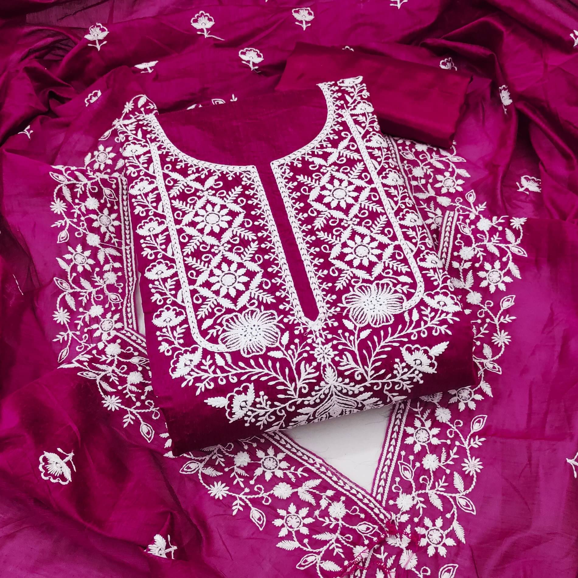Rangtulika Ethnics Women Chanderi Unstitched Dress Material ( Fluorescent Pink )     			Rangtulika Ethnics Women Chanderi Unstitched Dress Material ( Fluorescent Pink )