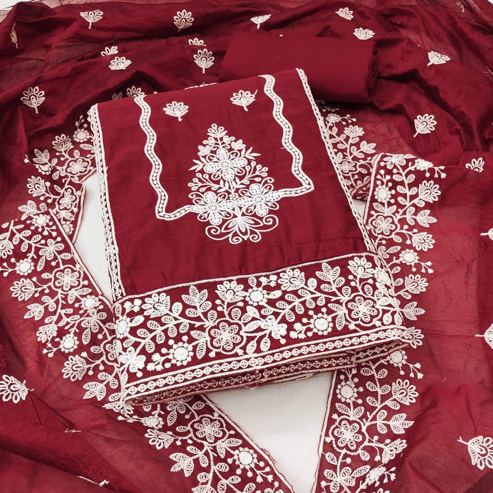 Rangtulika Ethnics Women Chanderi Unstitched Dress Material ( Red )     			Rangtulika Ethnics Women Chanderi Unstitched Dress Material ( Red )