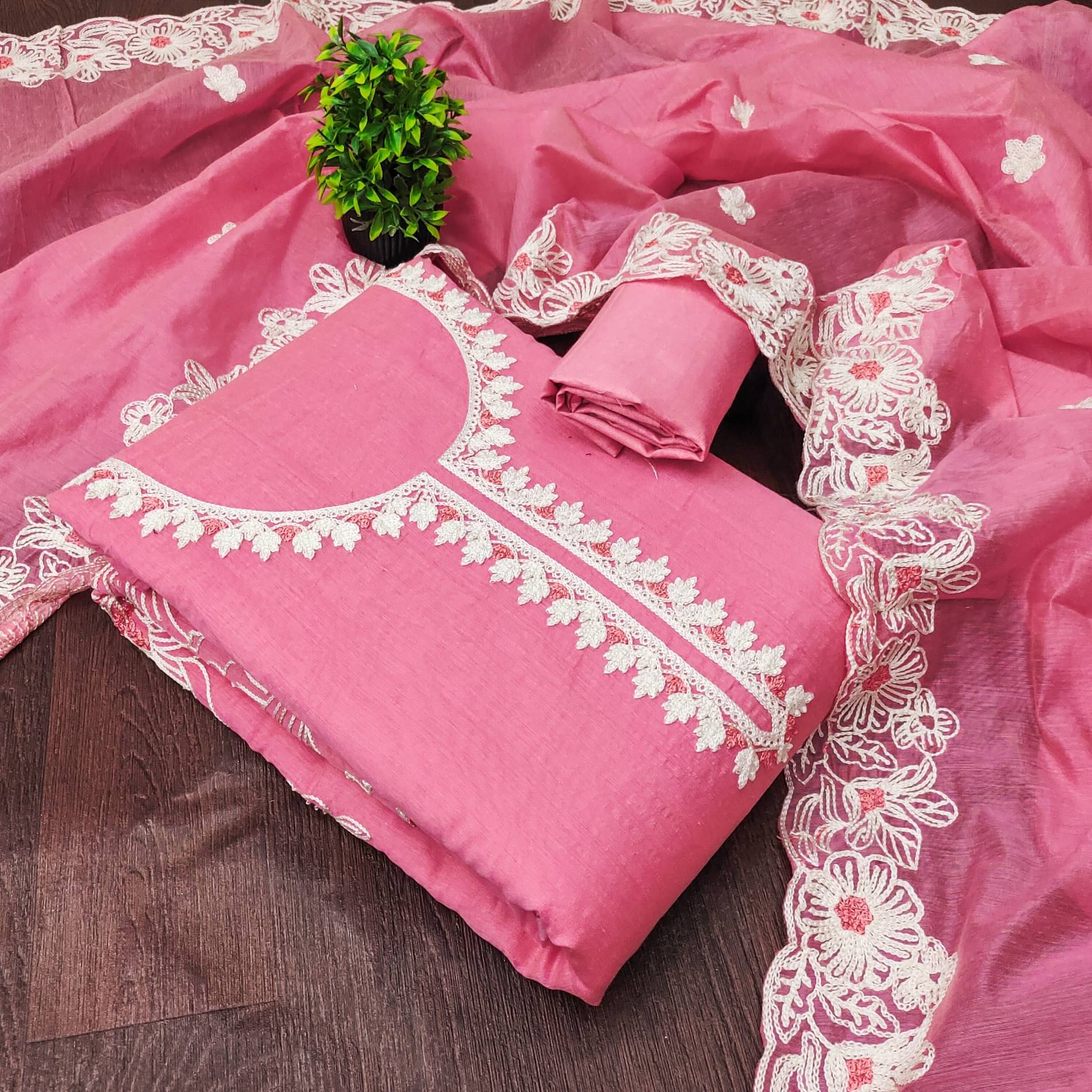 Rangtulika Ethnics Women Chanderi Unstitched Dress Material ( Fluorescent Pink )     			Rangtulika Ethnics Women Chanderi Unstitched Dress Material ( Fluorescent Pink )