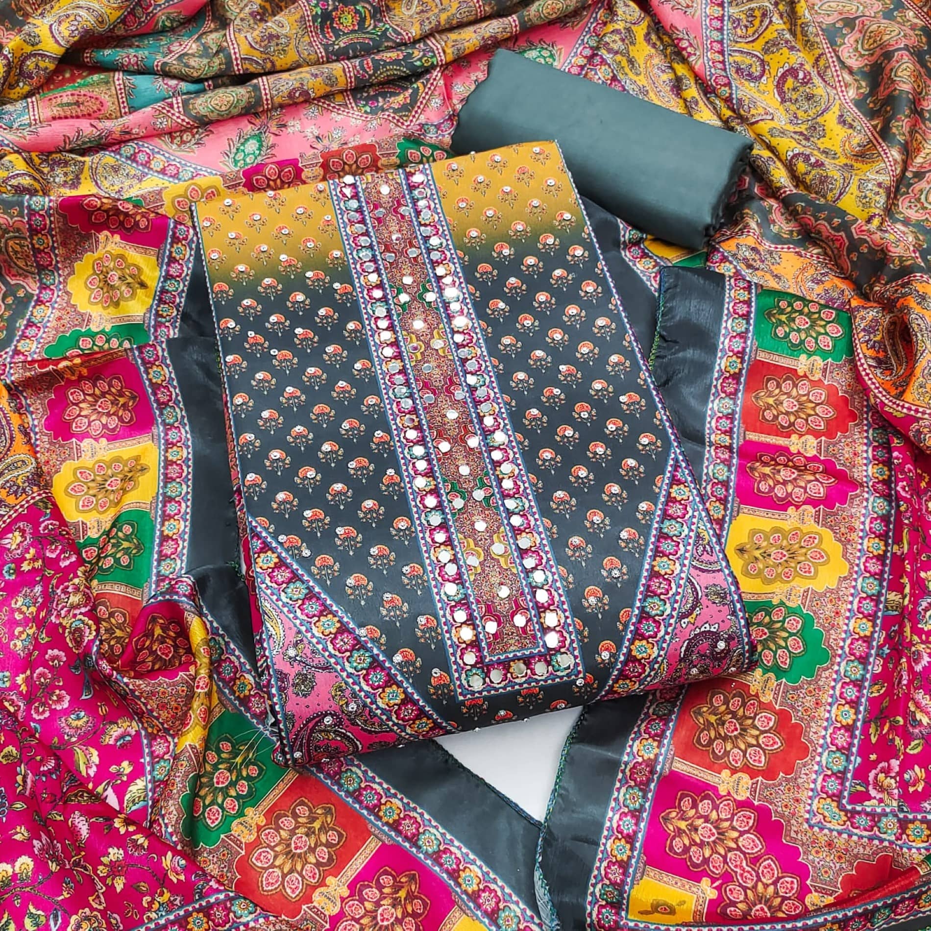 Rangtulika Ethnics Women Chiffon Unstitched Dress Material ( Grey ) - Unstitched Fabrics | Buy online on ZillyBuy