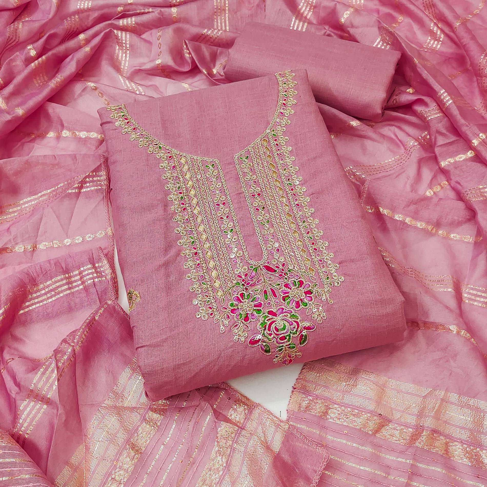 Rangtulika Ethnics Women Cotton Unstitched Dress Material ( Peach )     			Rangtulika Ethnics Women Cotton Unstitched Dress Material ( Peach )