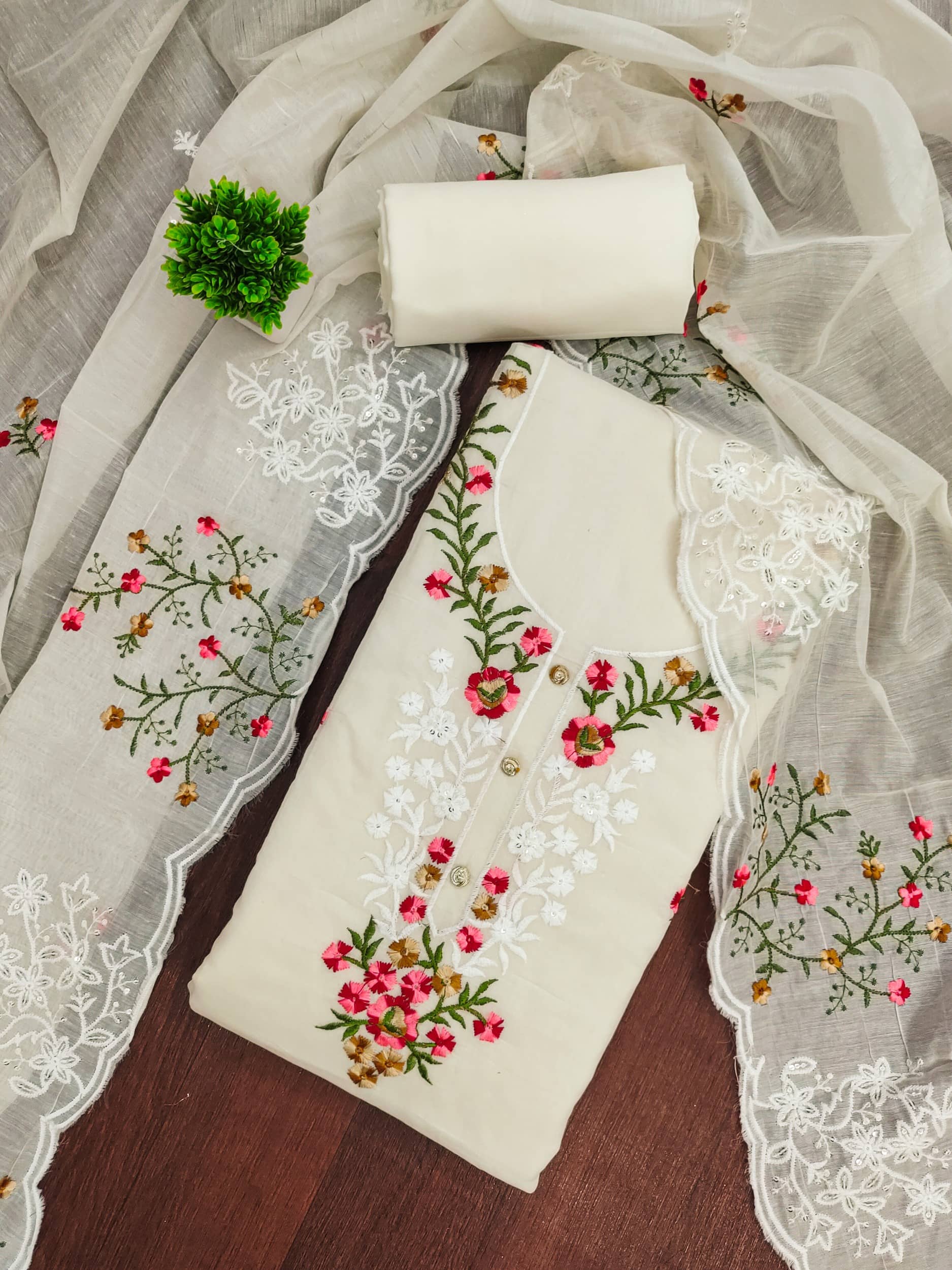 Rangtulika Ethnics Women Cotton Unstitched Dress Material ( Off White ) - Unstitched Fabrics | Buy online on ZillyBuy