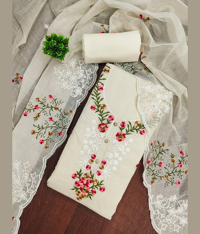 Rangtulika Ethnics Women Cotton Unstitched Dress Material ( Off White ) - Unstitched Fabrics | Buy online on ZillyBuy