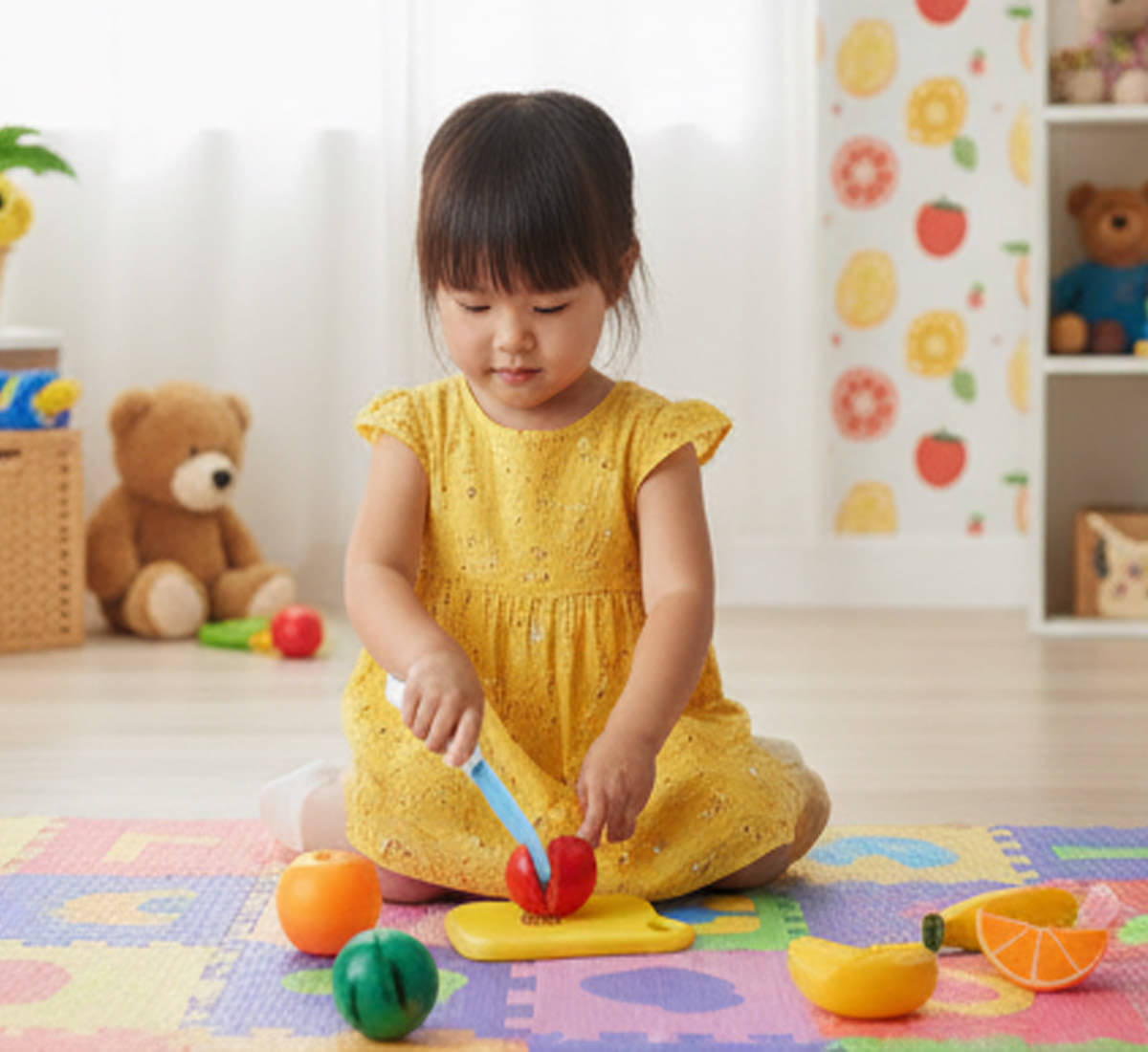     			Realistic Sliceable 7 Pcs Fruits Cutting Play Toy Set (5 Fruits and Vegetables Plus Board and Knife)many colour