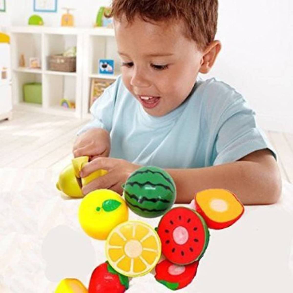 Realistic Sliceable 7 Pcs Fruits Cutting Play Toy Set (5 Fruits and Vegetables Plus Board & Knife)     			Realistic Sliceable 7 Pcs Fruits Cutting Play Toy Set (5 Fruits and Vegetables Plus Board & Knife)