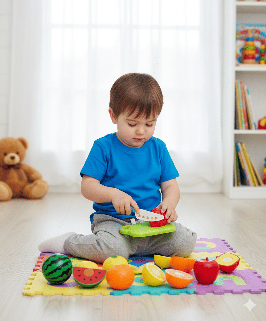     			Realistic Sliceable 7 Pcs Fruits Cutting Play Toy Set (5 Fruits and Vegetables Plus Board & Knife)Colour May Vary