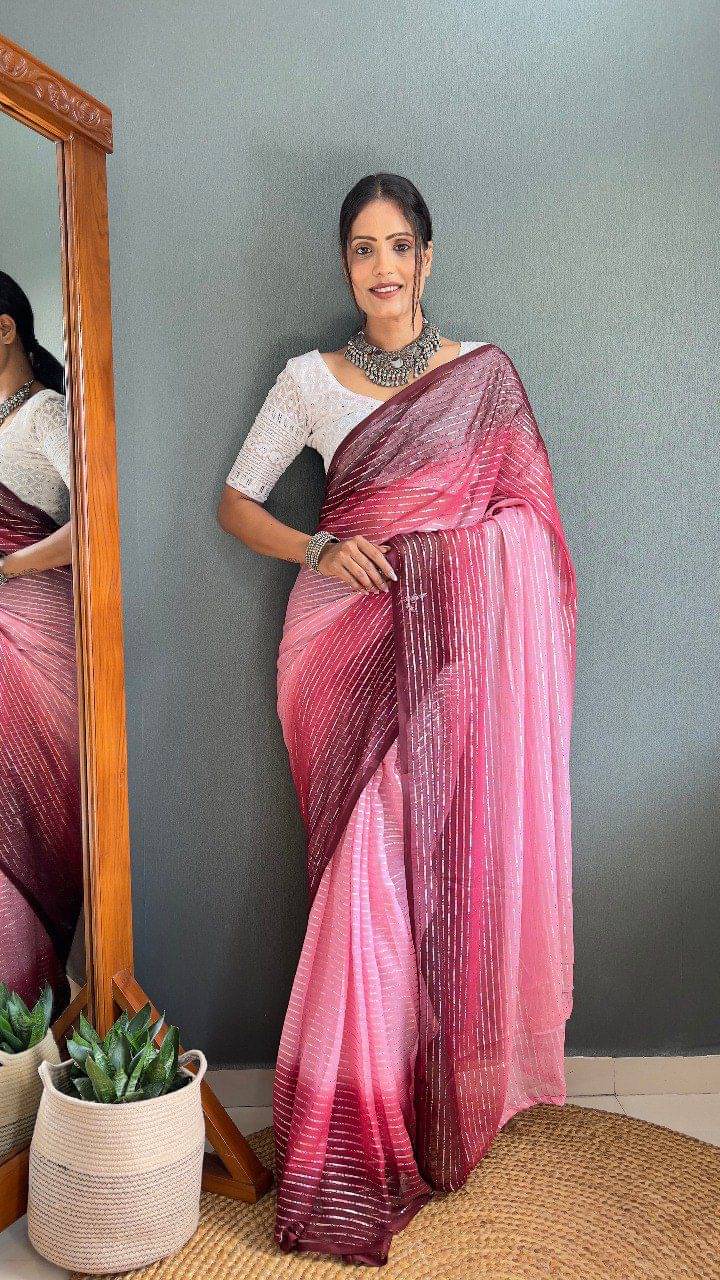 SATVASHIV Chiffon Striped Regular Saree With Unstitched Blouse Piece ( Pink )     			SATVASHIV Chiffon Striped Regular Saree With Unstitched Blouse Piece ( Pink )