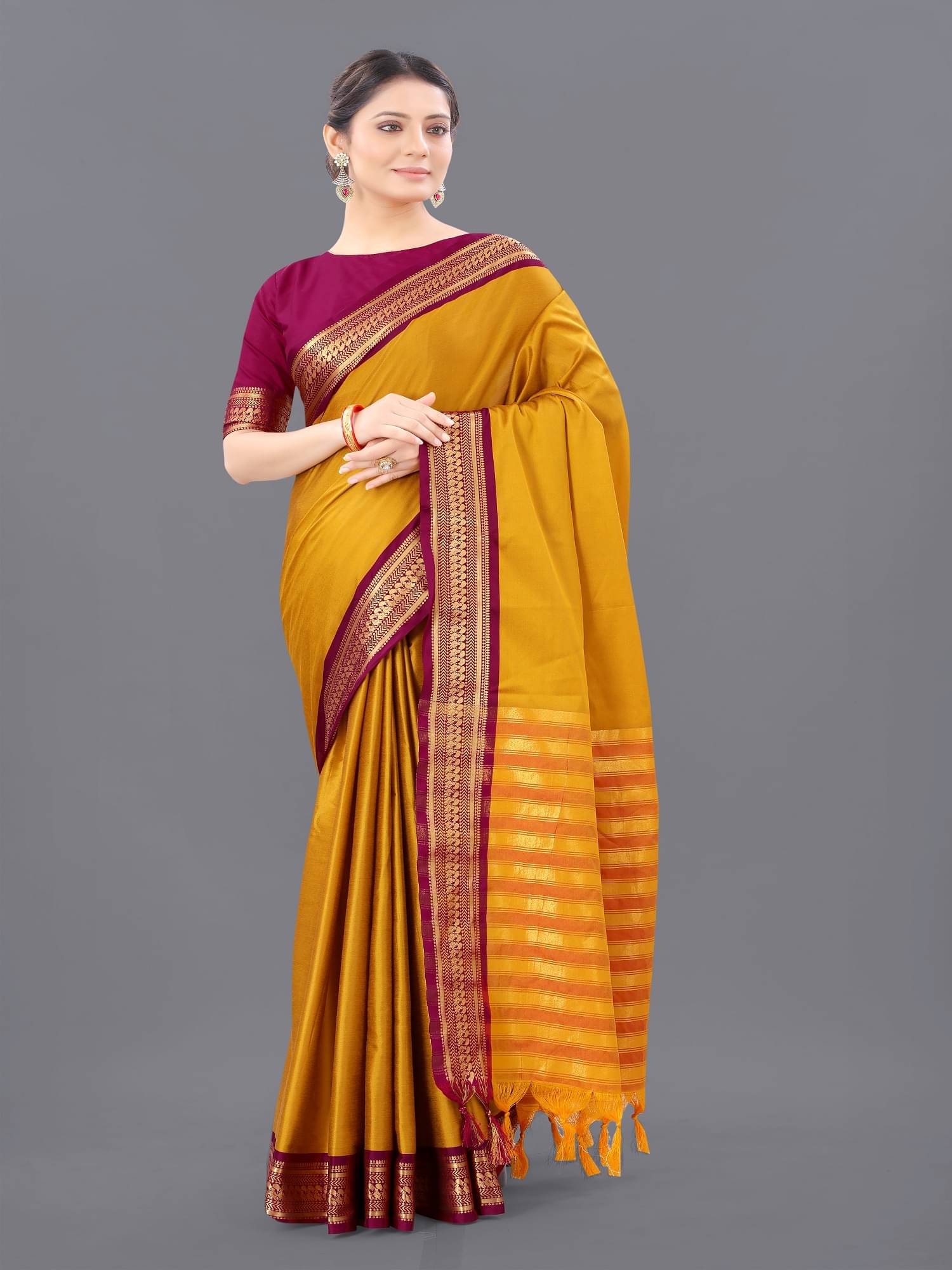     			SATVASHIV Cotton Blend Self Design Regular Saree With Unstitched Blouse Piece ( Yellow )