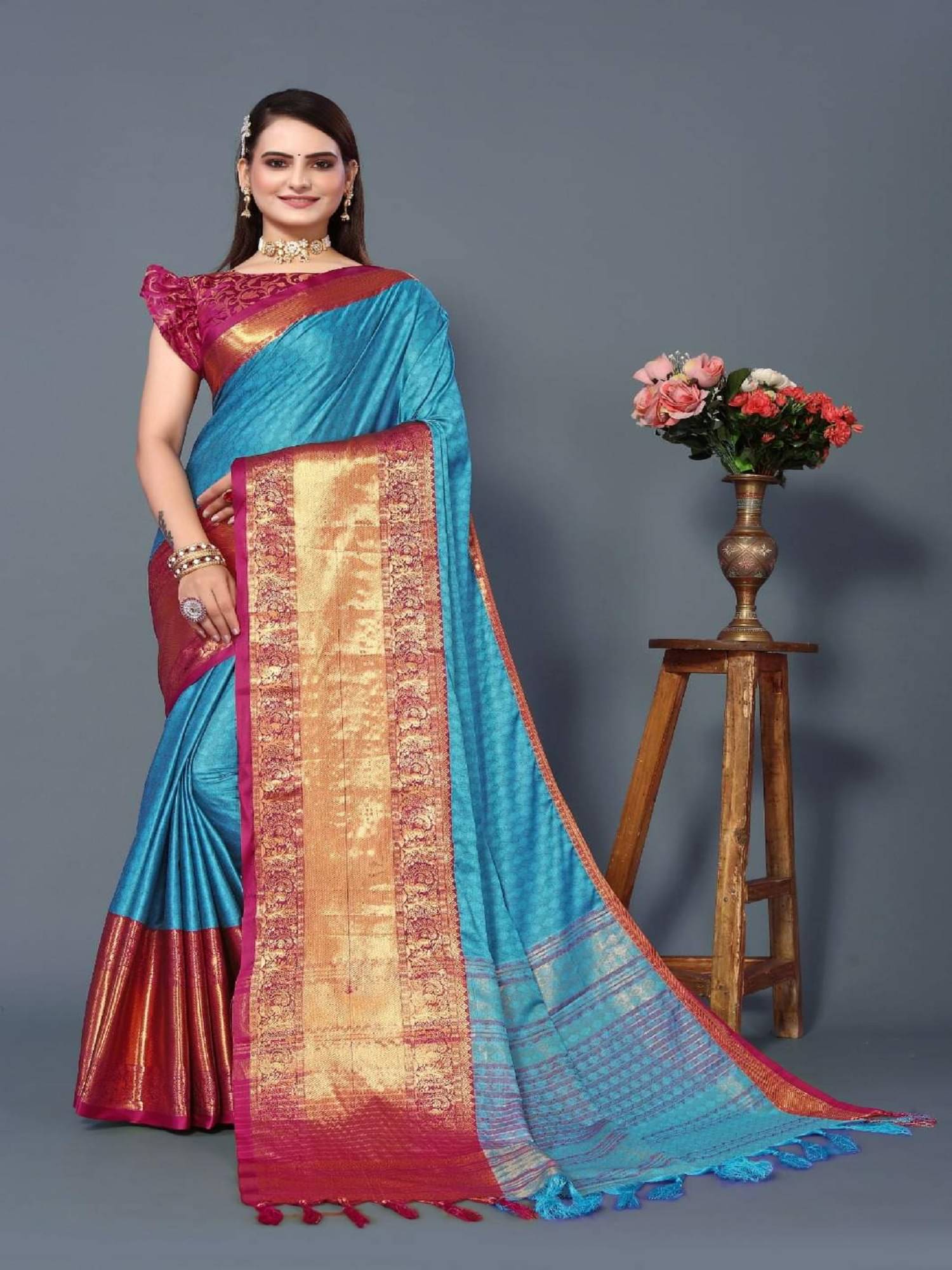 SATVASHIV Cotton Blend Woven Regular Saree With Unstitched Blouse Piece ( Sky Blue ) SATVASHIV Cotton Blend Woven Regular Saree With Unstitched Blouse Piece ( Sky Blue )