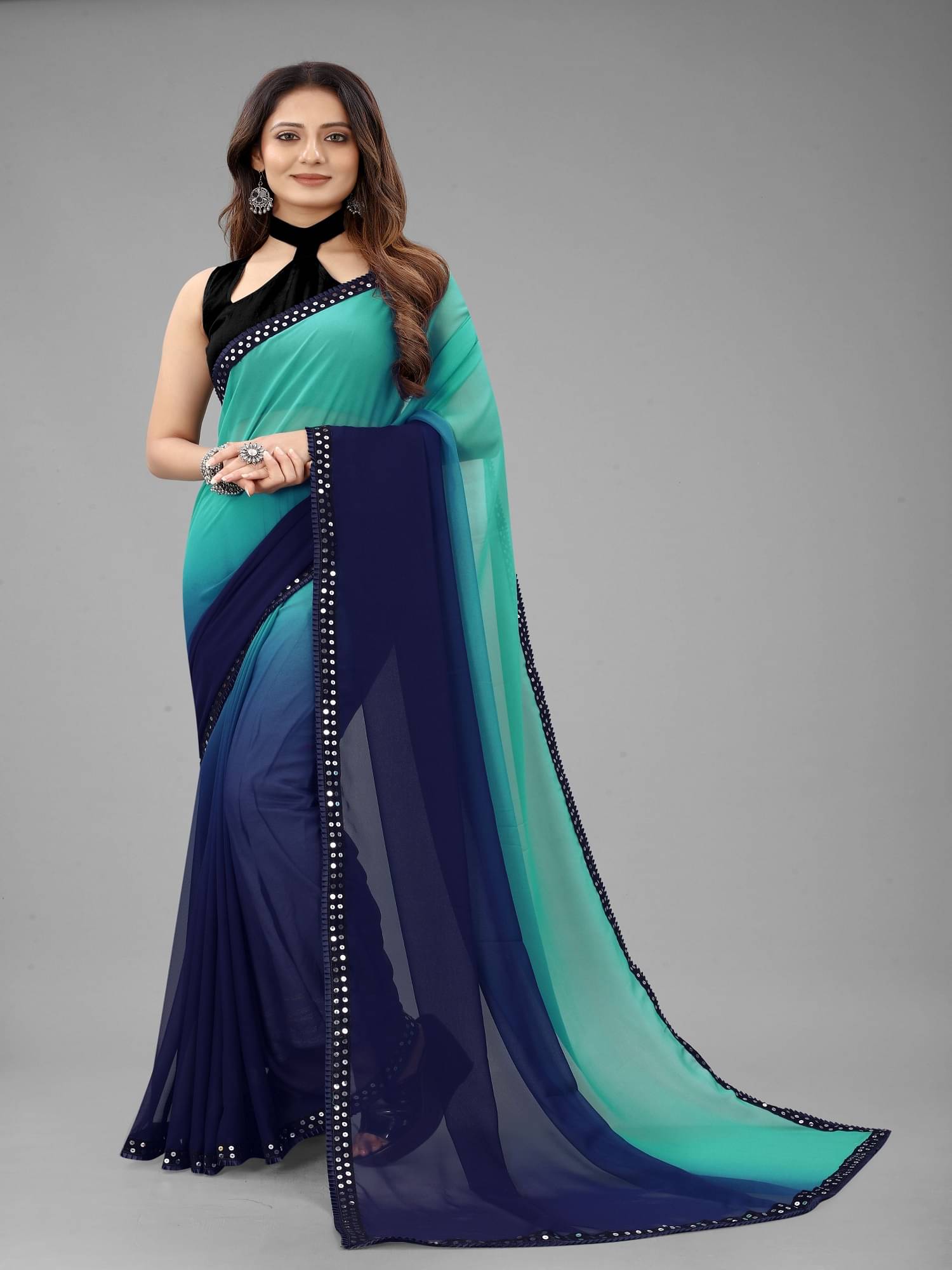 SATVASHIV Georgette Embellished Regular Saree With Unstitched Blouse Piece ( Blue ) SATVASHIV Georgette Embellished Regular Saree With Unstitched Blouse Piece ( Blue )