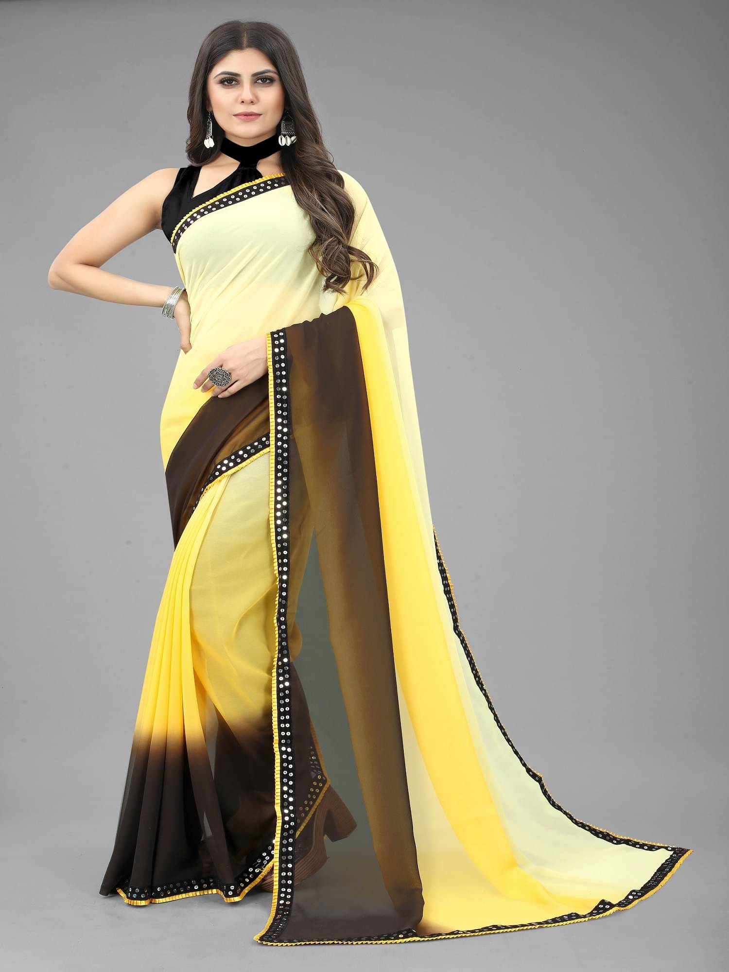     			SATVASHIV Georgette Embellished Regular Saree With Unstitched Blouse Piece ( Yellow )