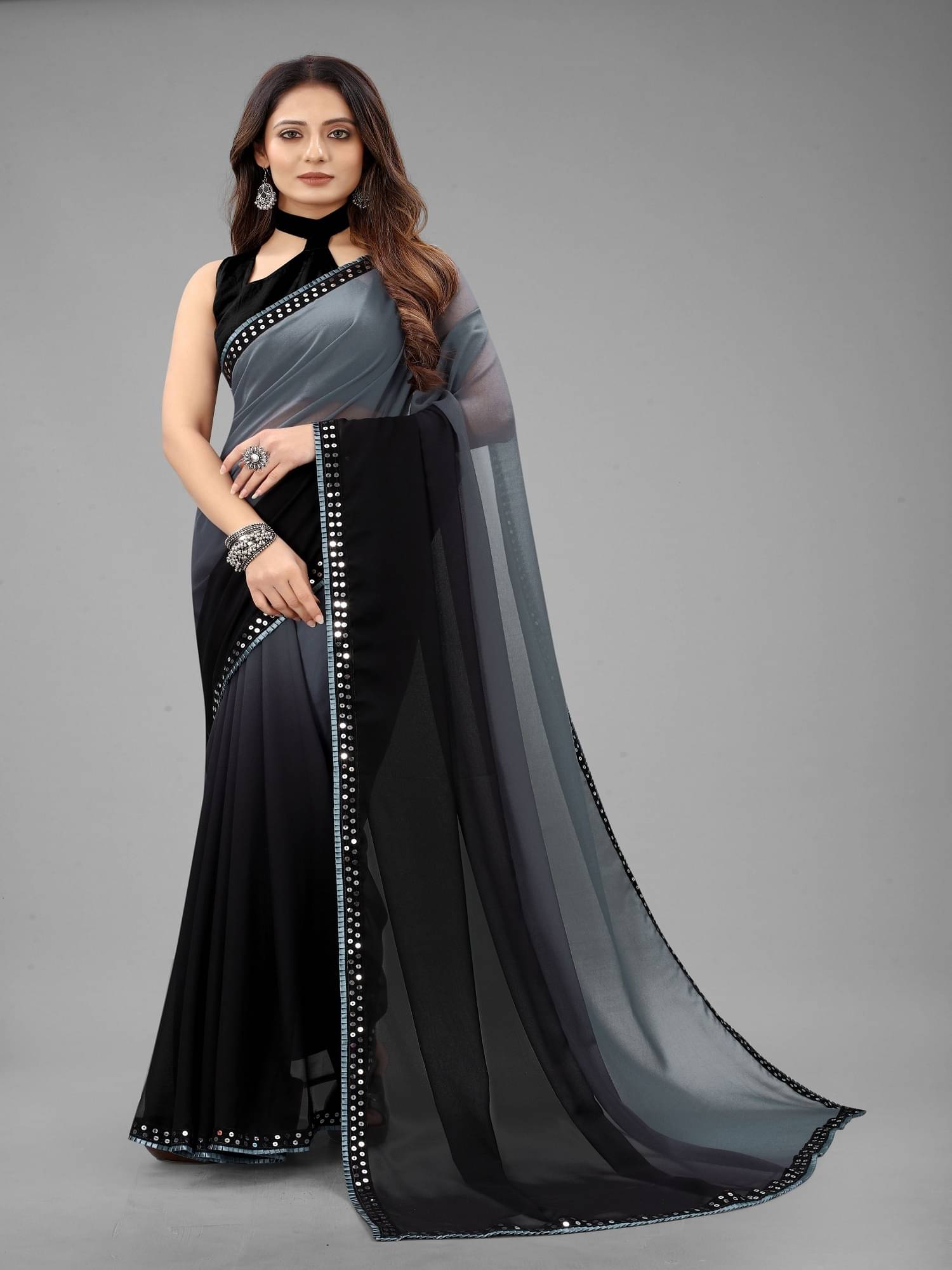 SATVASHIV Georgette Embellished Regular Saree With Unstitched Blouse Piece ( Grey ) SATVASHIV Georgette Embellished Regular Saree With Unstitched Blouse Piece ( Grey )