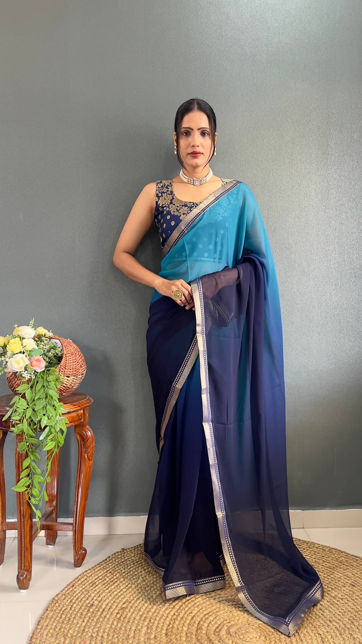     			SATVASHIV Georgette Self Design Regular Saree With Unstitched Blouse Piece ( Sky Blue )