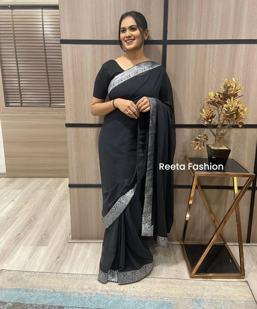 SATVASHIV Georgette Solid Regular Saree With Unstitched Blouse Piece ( Black ) SATVASHIV Georgette Solid Regular Saree With Unstitched Blouse Piece ( Black )