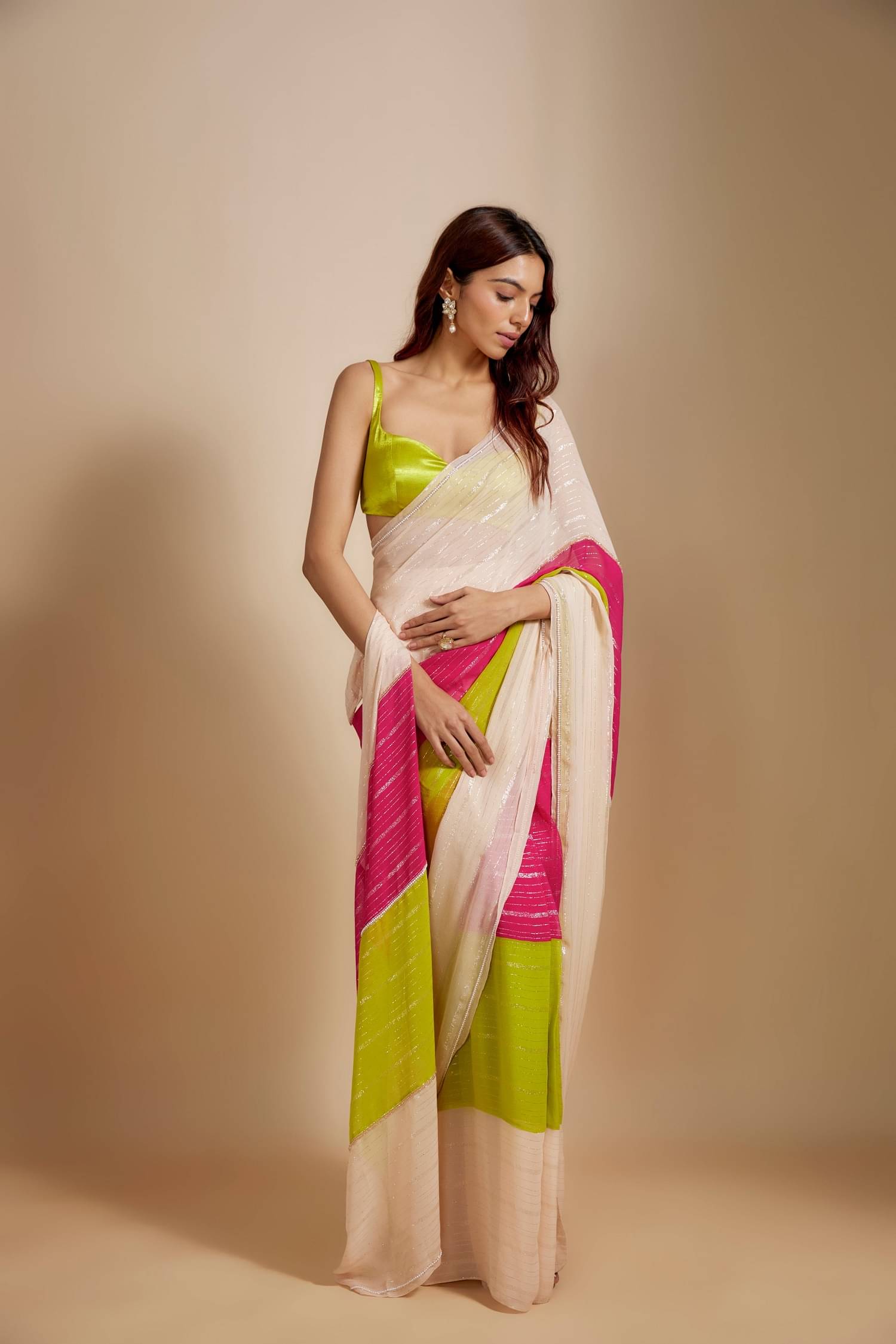     			SATVASHIV Georgette Striped Regular Saree With Unstitched Blouse Piece ( Multicolor )