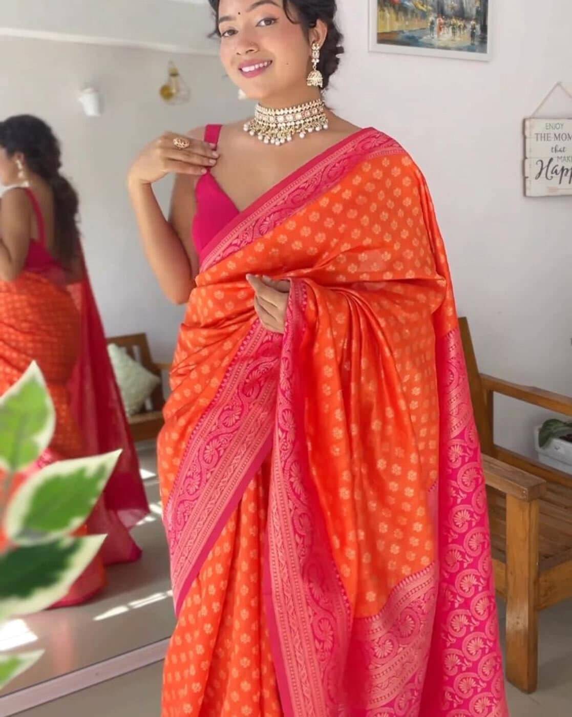 SATVASHIV Jacquard Self Design Regular Saree With Unstitched Blouse Piece ( Orange ) SATVASHIV Jacquard Self Design Regular Saree With Unstitched Blouse Piece ( Orange )