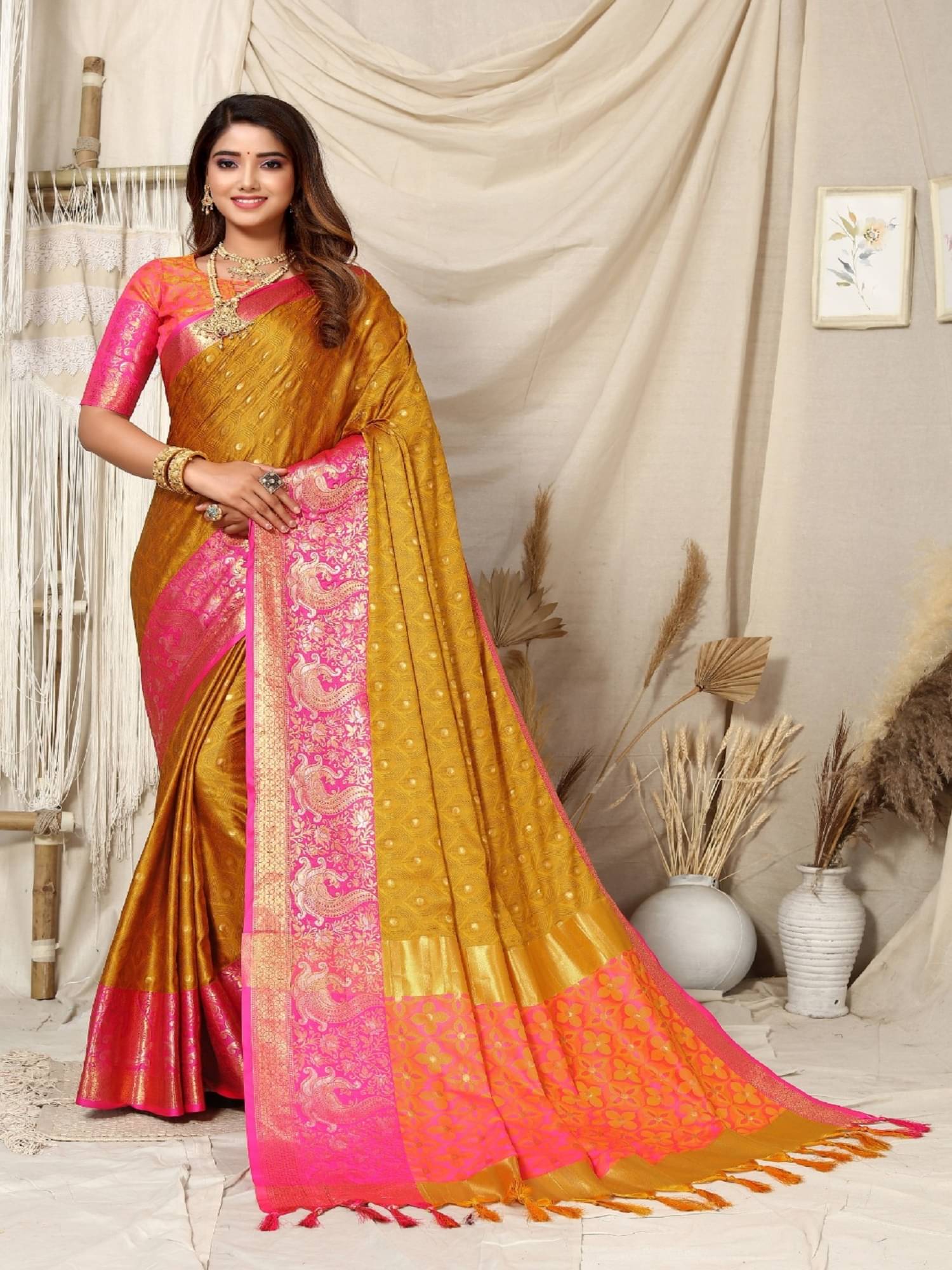     			SATVASHIV Silk Blend Self Design Regular Saree With Unstitched Blouse Piece ( Mustard )