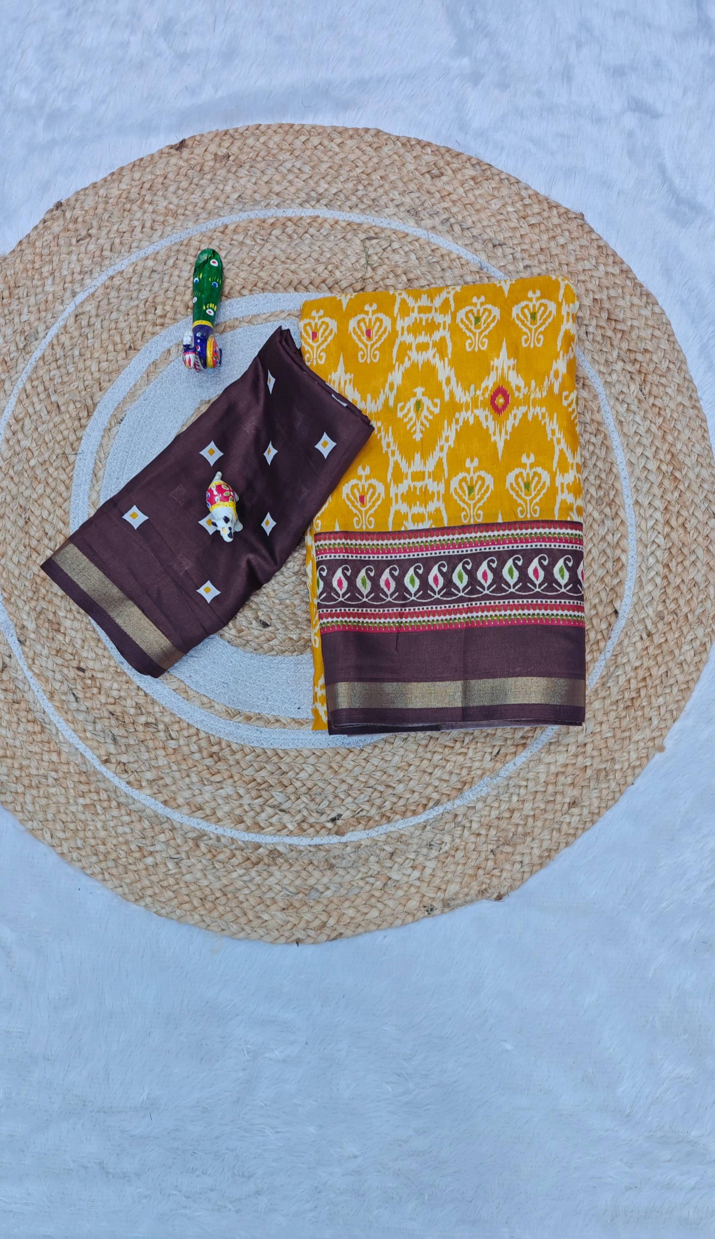     			SHIRODHARI Cotton Blend Printed Sambalpuri Saree With Unstitched Blouse Piece ( Yellow )