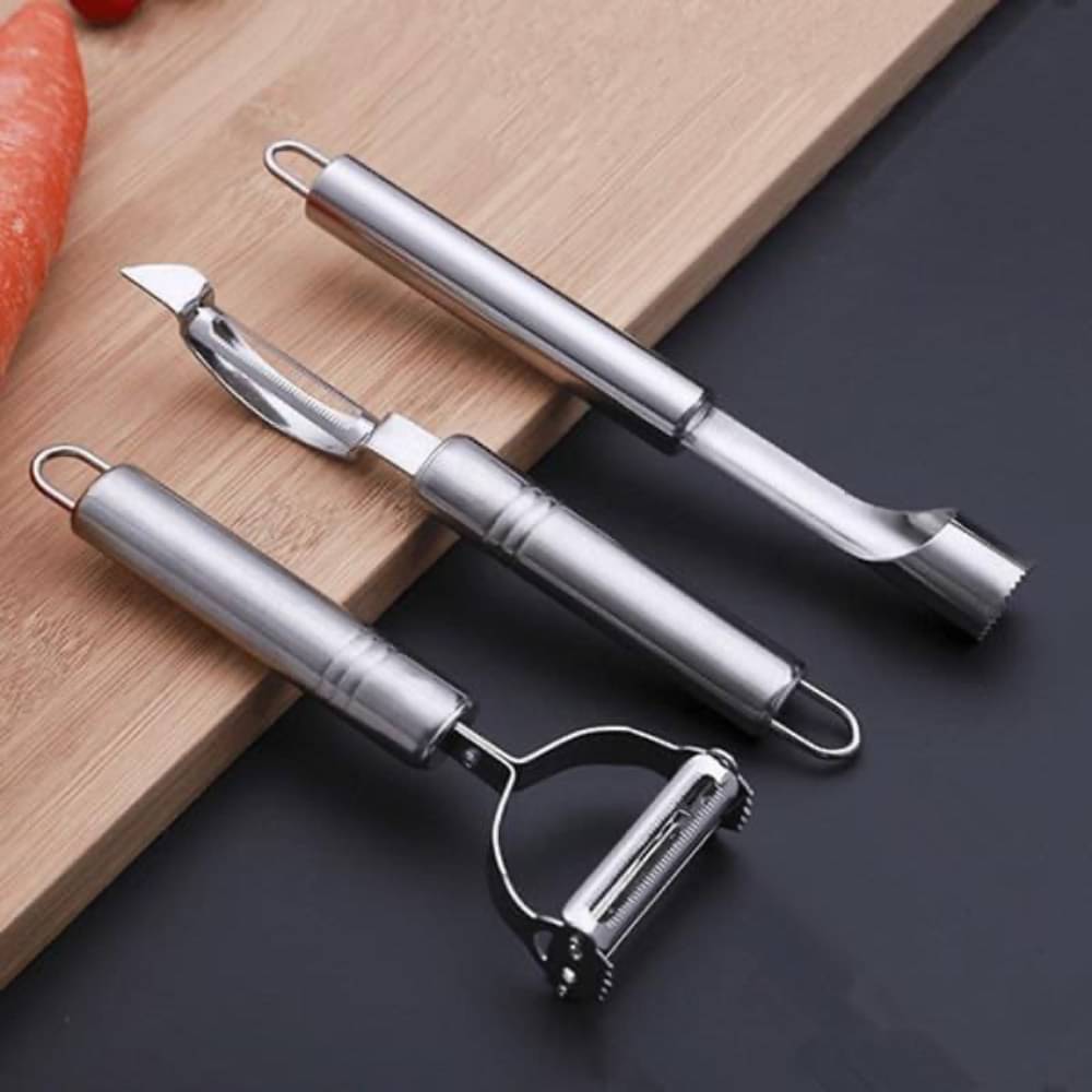 (Set of 3) 3 in 1 Stainless Steel Peeler & Apple Core Remover | Stainless Steel Vegetable Peeler Set Includes Apple Corer | Straight Julienne Peeler | Veggie Cutter & Slicer (Set of 3) 3 in 1 Stainless Steel Peeler & Apple Core Remover | Stainless Steel Vegetable Peeler Set Includes Apple Corer | Straight Julienne Peeler | Veggie Cutter & Slicer
