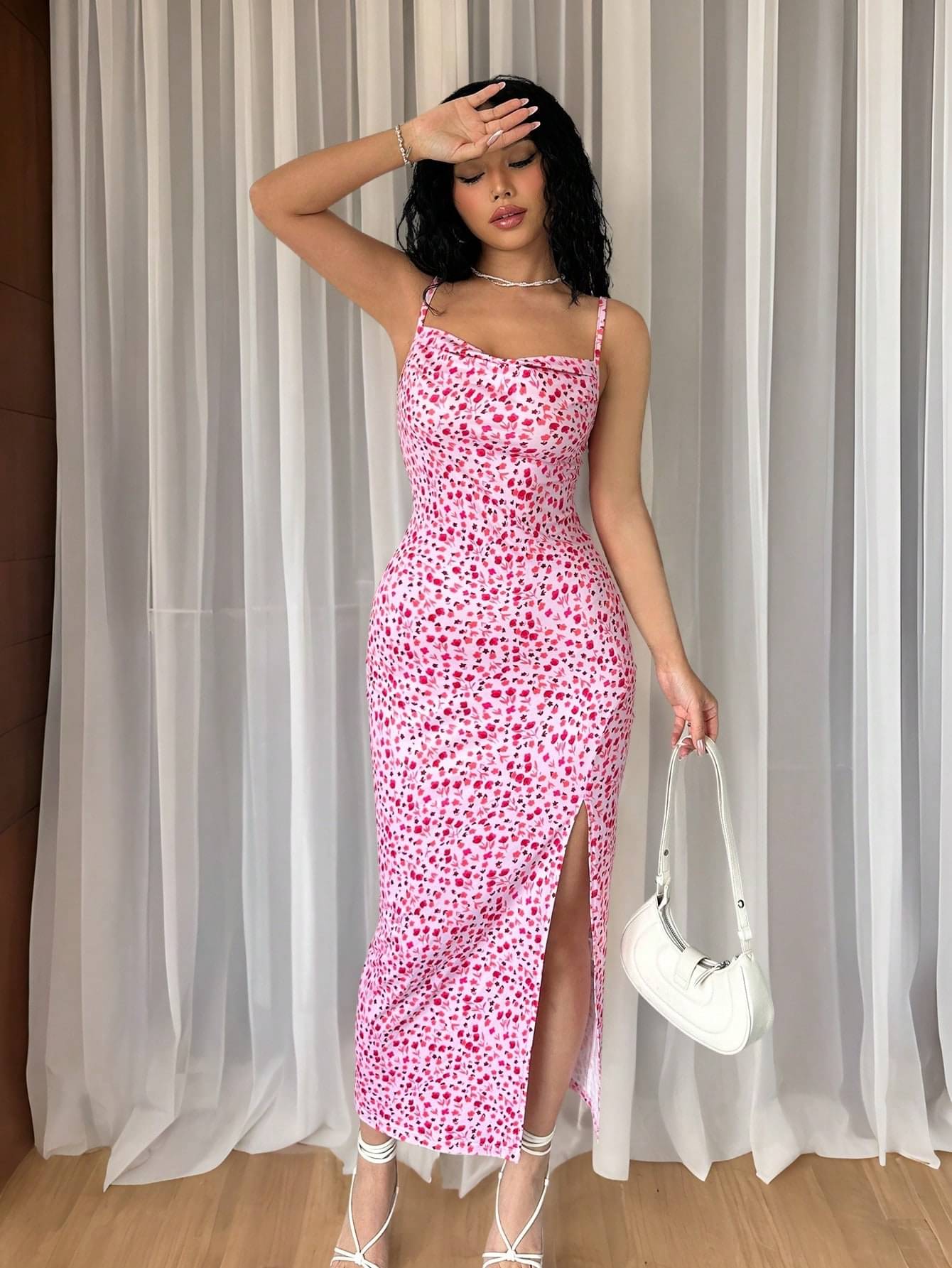     			Shine n Show Women Cotton Blend Printed Bodycon Dress ( Fluorescent Pink )