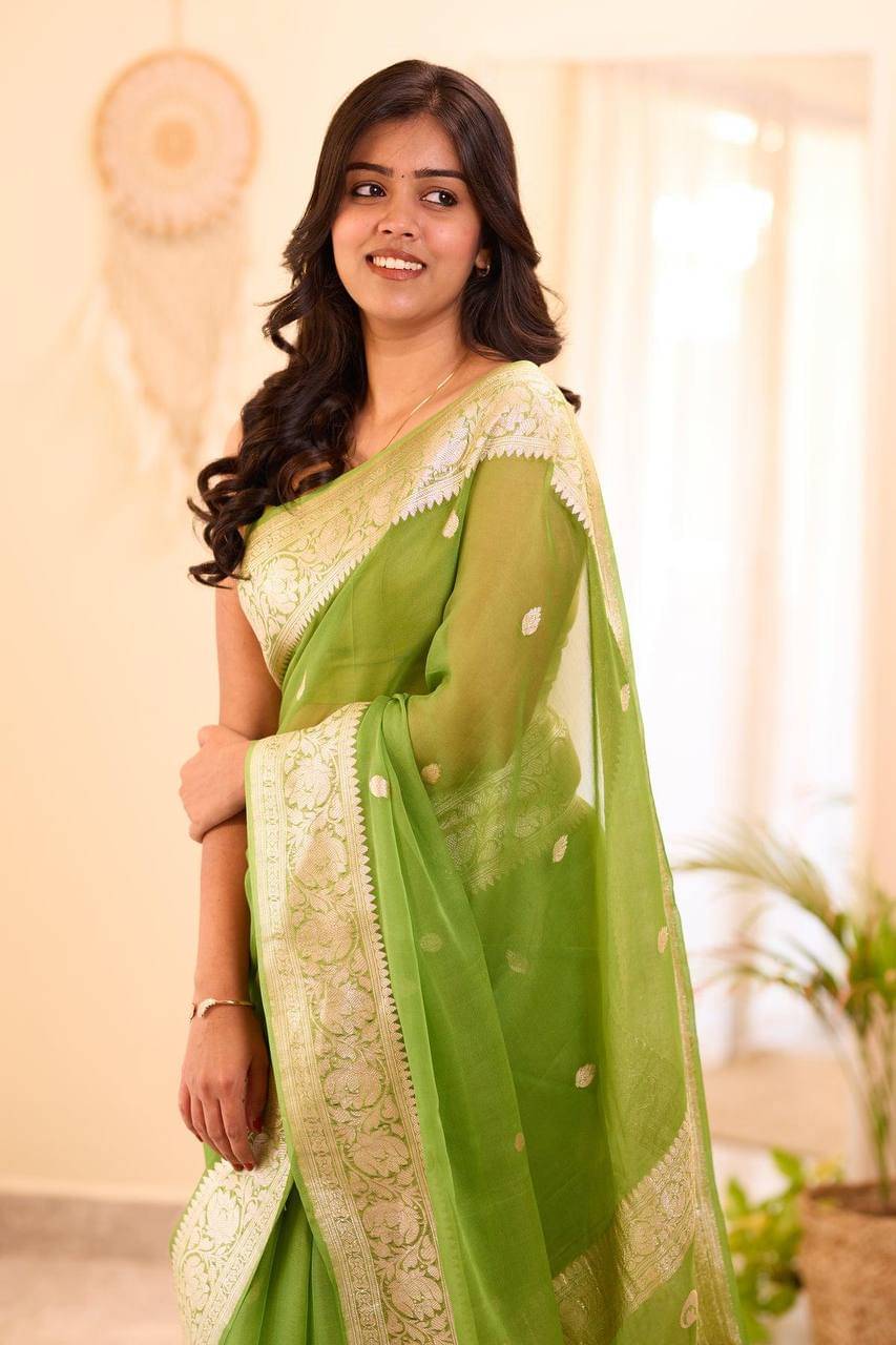     			THE PRIVATE LABLE Silk Blend Printed Regular Saree With Unstitched Blouse Piece ( Green )